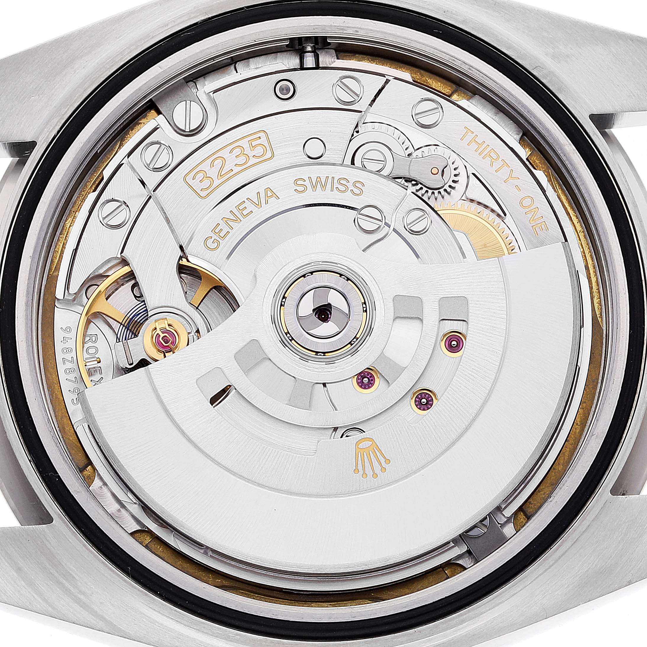 This image shows the movement mechanism of the Rolex Datejust 41 126334 Men's Stainless Steel White Dial 126334 Men's Stainless Steel White Dial watch, viewed from the back.