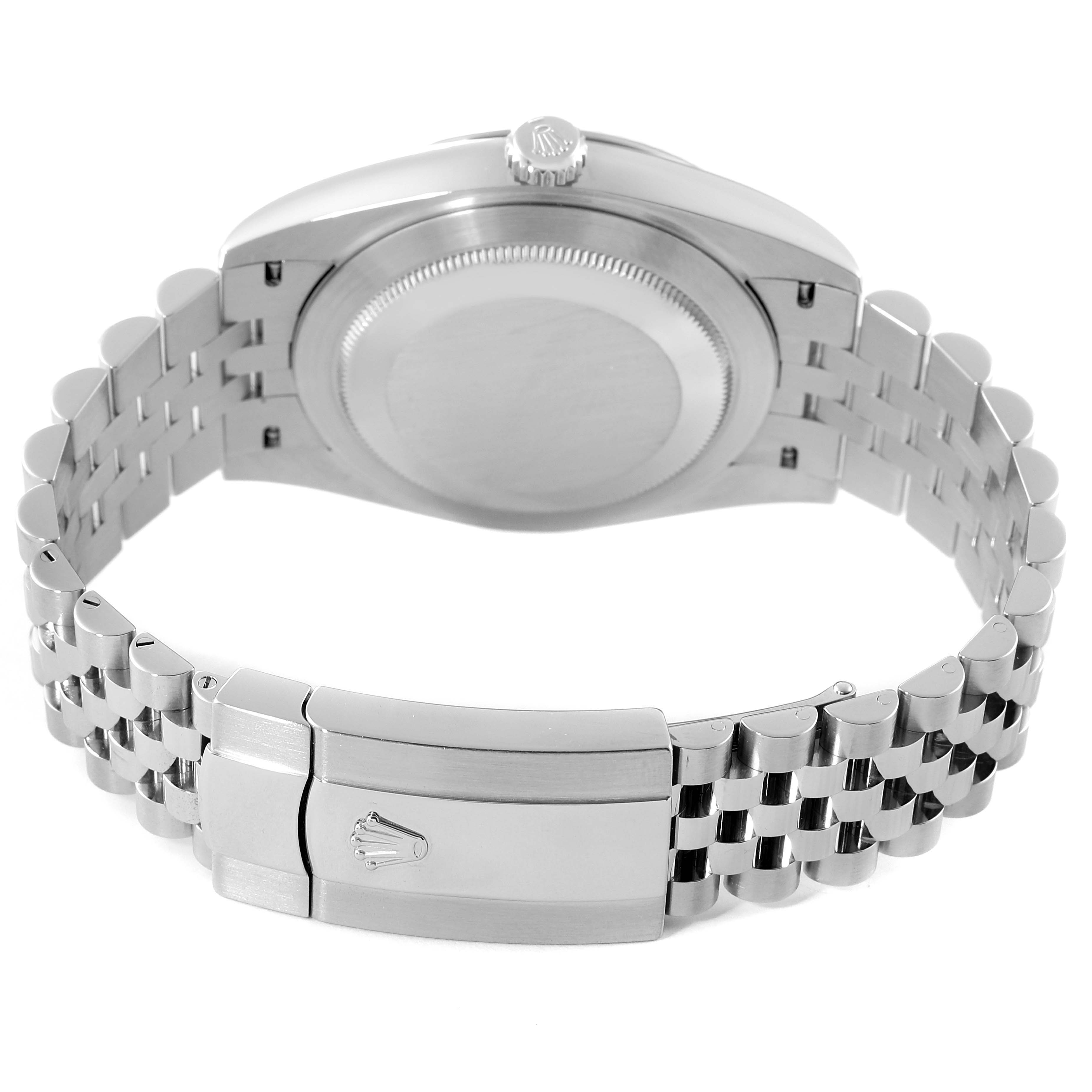 The image shows the back view of a Rolex Datejust 41 126334 Men's Stainless Steel White Dial 126334 Men's Stainless Steel White Dial, highlighting its case back, crown, and bracelet with clasp.