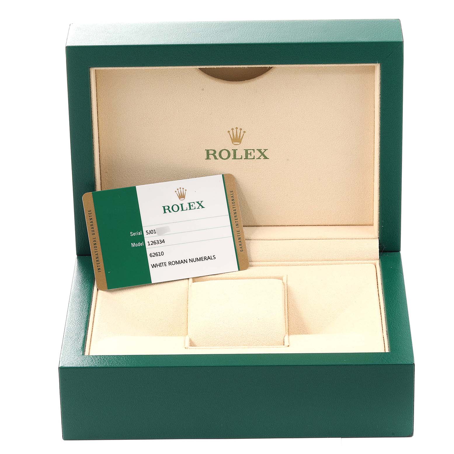 The image shows an open Rolex watch box for the Datejust 41 model with its warranty card inside.