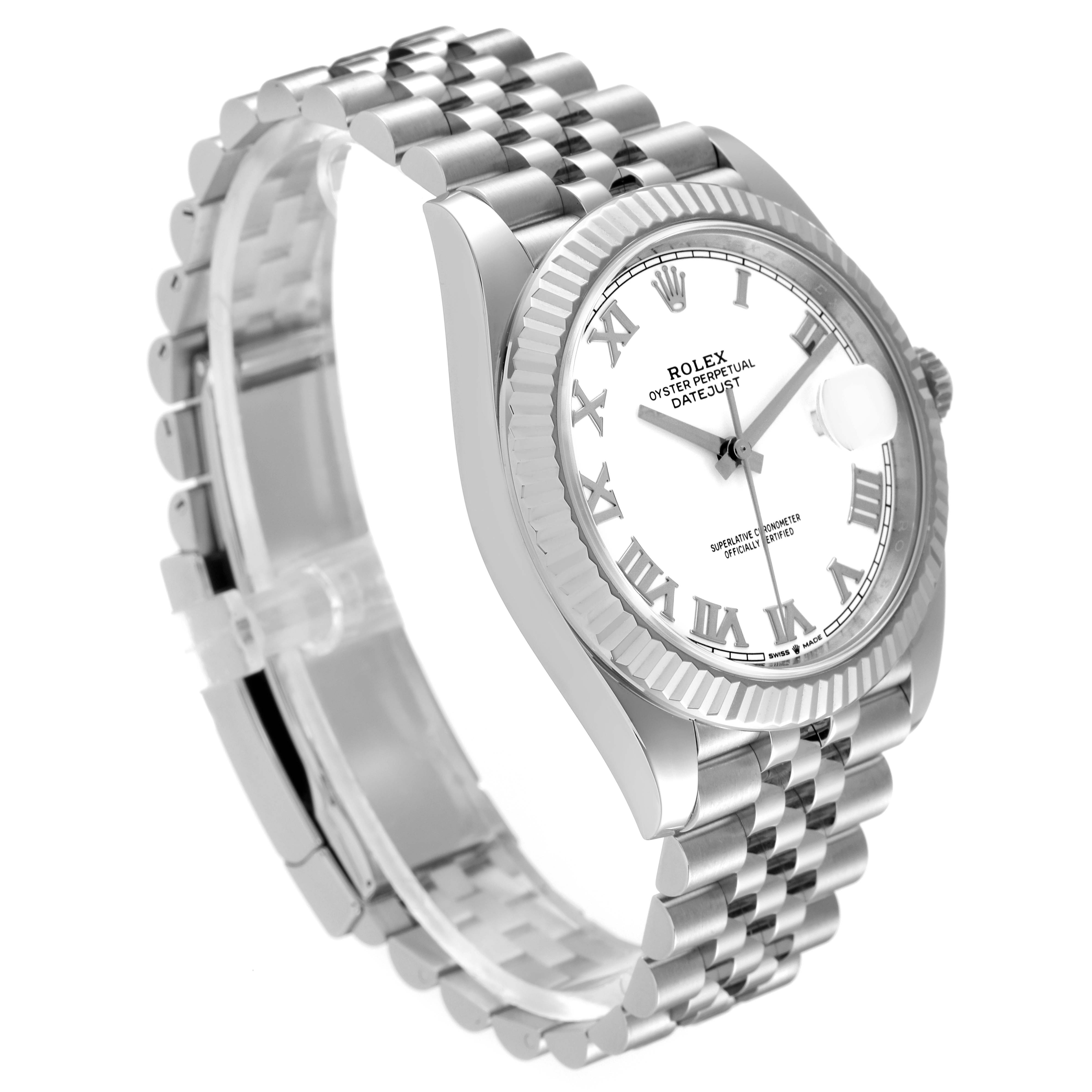 This image shows a Rolex Datejust 41 126334 Men's Stainless Steel White Dial 126334 Men's Stainless Steel White Dial watch at a slight angle, highlighting the face, fluted bezel, and jubilee bracelet.
