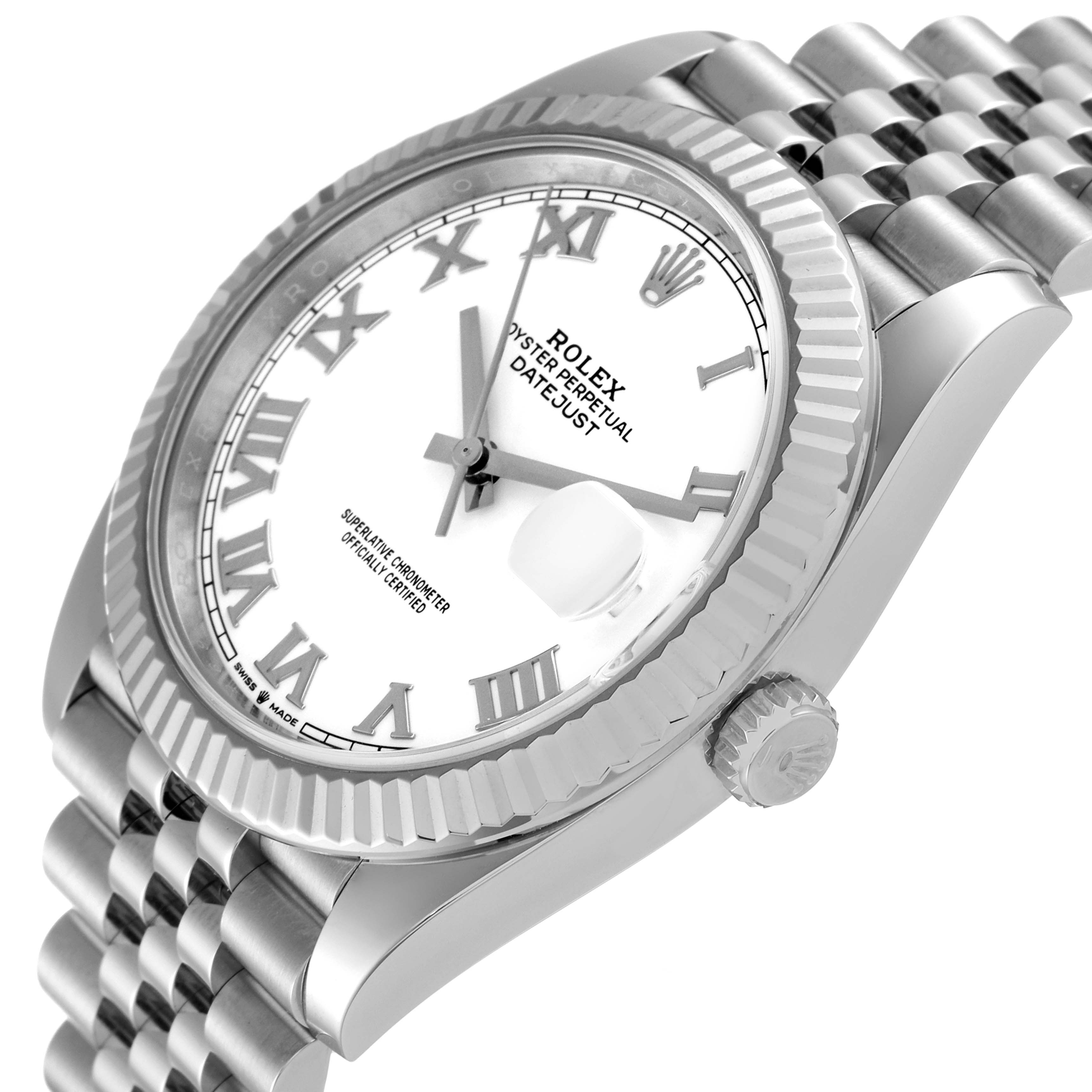 The image shows a Rolex Datejust 41 126334 Men's Stainless Steel White Dial 126334 Men's Stainless Steel White Dial watch at a slightly tilted angle, highlighting the face, bezel, and bracelet.