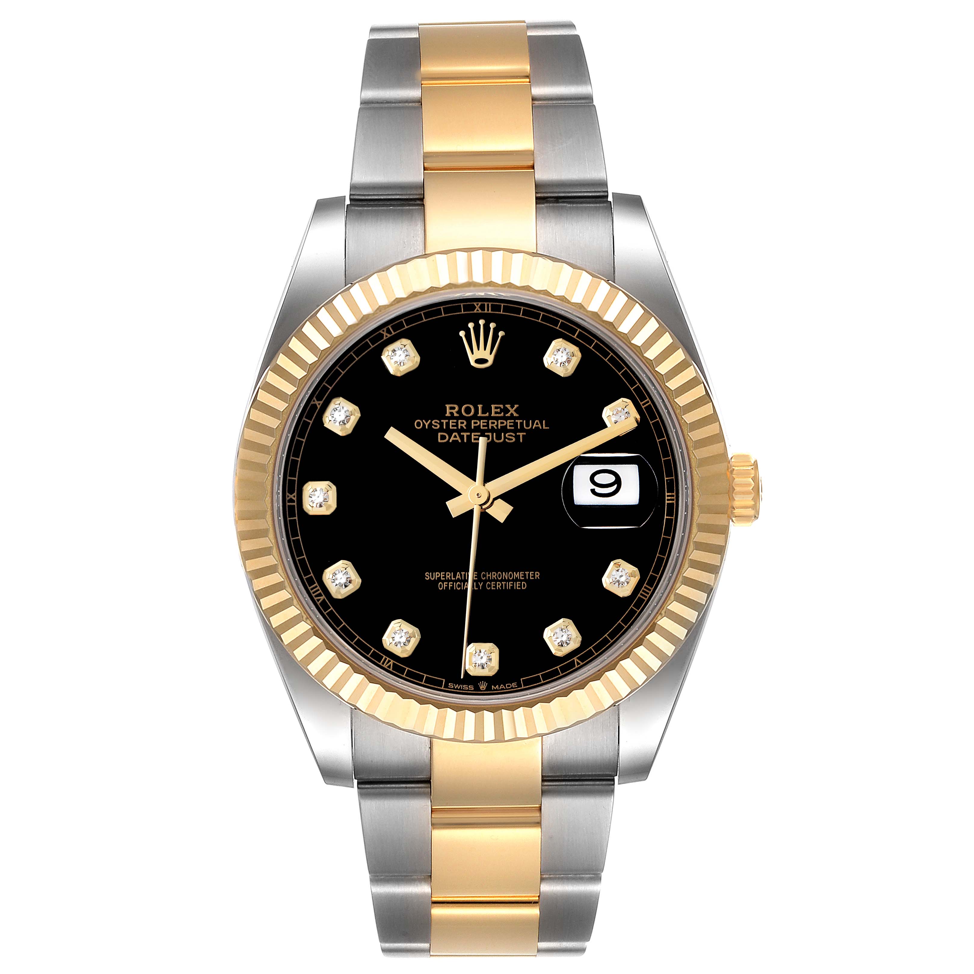 This image shows the Rolex Datejust 41 126333 Men
s Steel and Gold (two tone) Black Dial 126333 Men
s Steel and Gold (two tone) Black Dial model watch from a front angle, highlighting its two-tone bracelet, black dial, and diamond hour markers.
