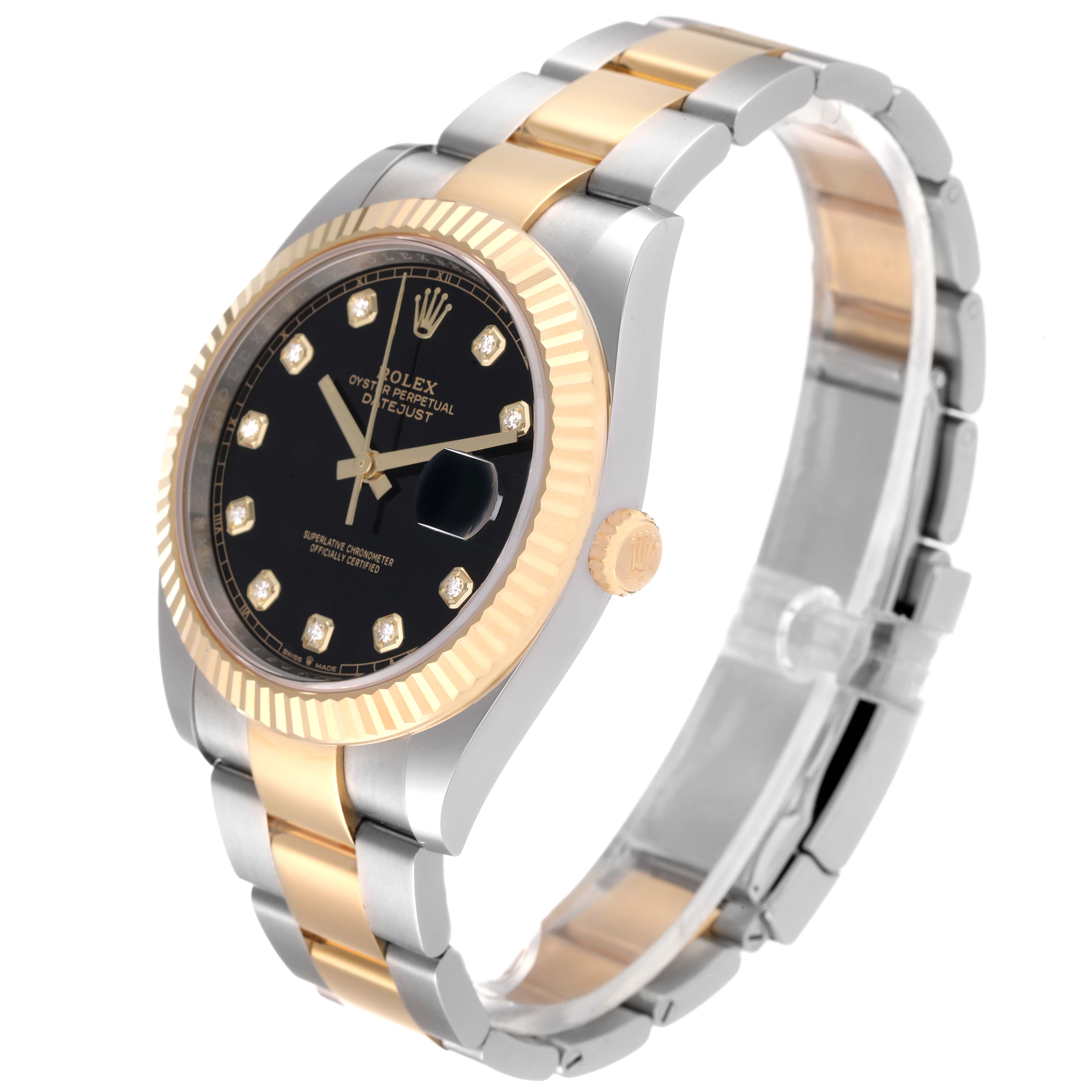 The image shows a three-quarter side view of a Rolex Datejust 41 126333 Men
s Steel and Gold (two tone) Black Dial 126333 Men
s Steel and Gold (two tone) Black Dial watch, highlighting its two-tone bracelet and black dial with diamond markers.