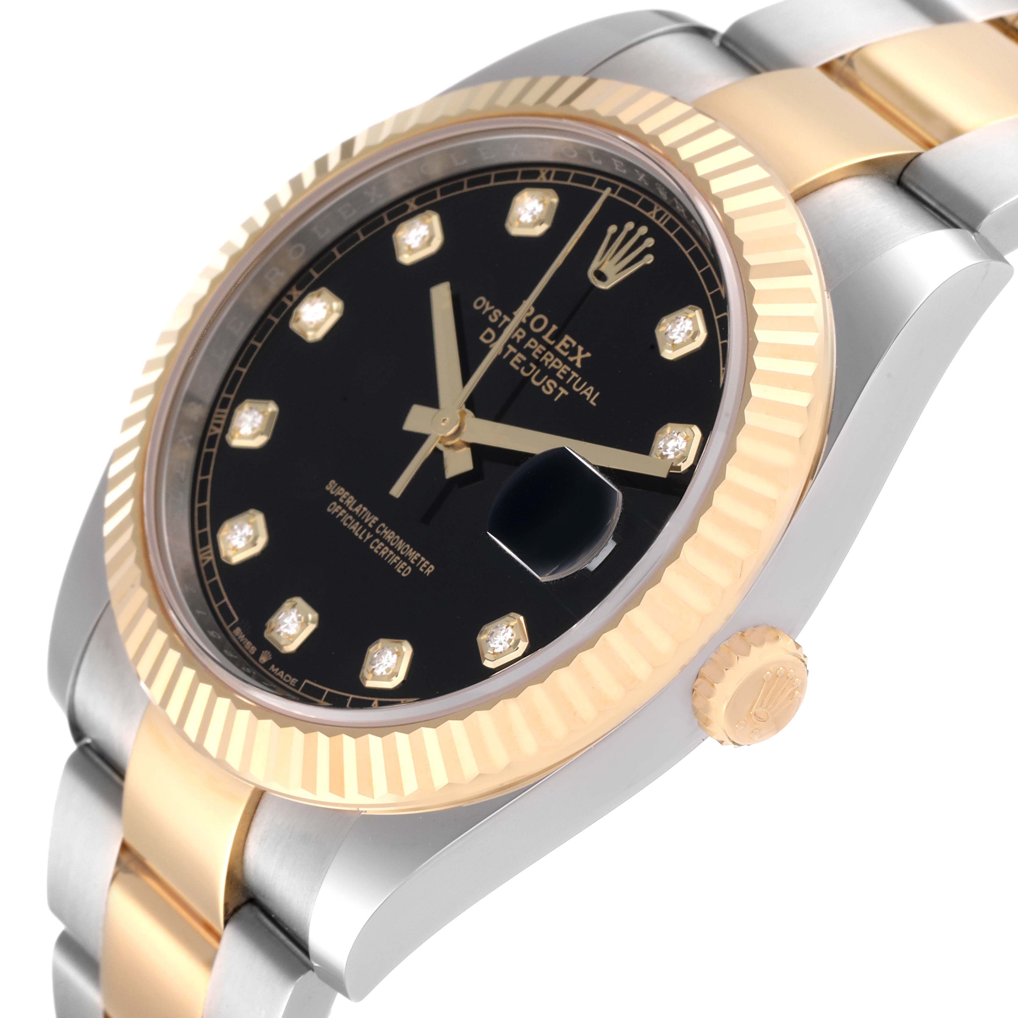 The image shows the dial, bezel, crown, and part of the bracelet of the Rolex Datejust 41 126333 Men
s Steel and Gold (two tone) Black Dial 126333 Men
s Steel and Gold (two tone) Black Dial watch at an angled view.