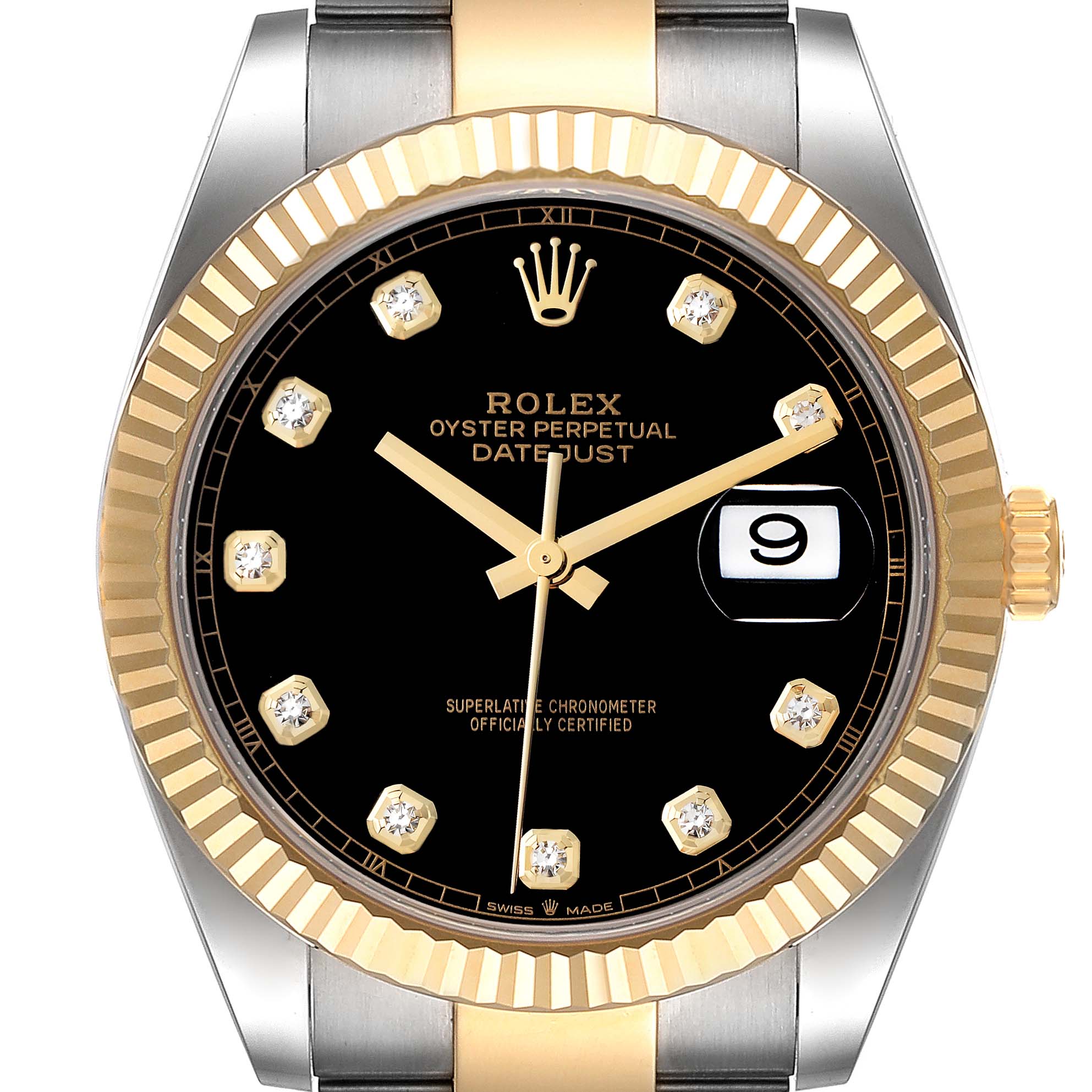 The image shows a close-up, front view of the Rolex Datejust 41 126333 Men
s Steel and Gold (two tone) Black Dial 126333 Men
s Steel and Gold (two tone) Black Dial watch, highlighting its black dial, diamond hour markers, fluted bezel, and date window.