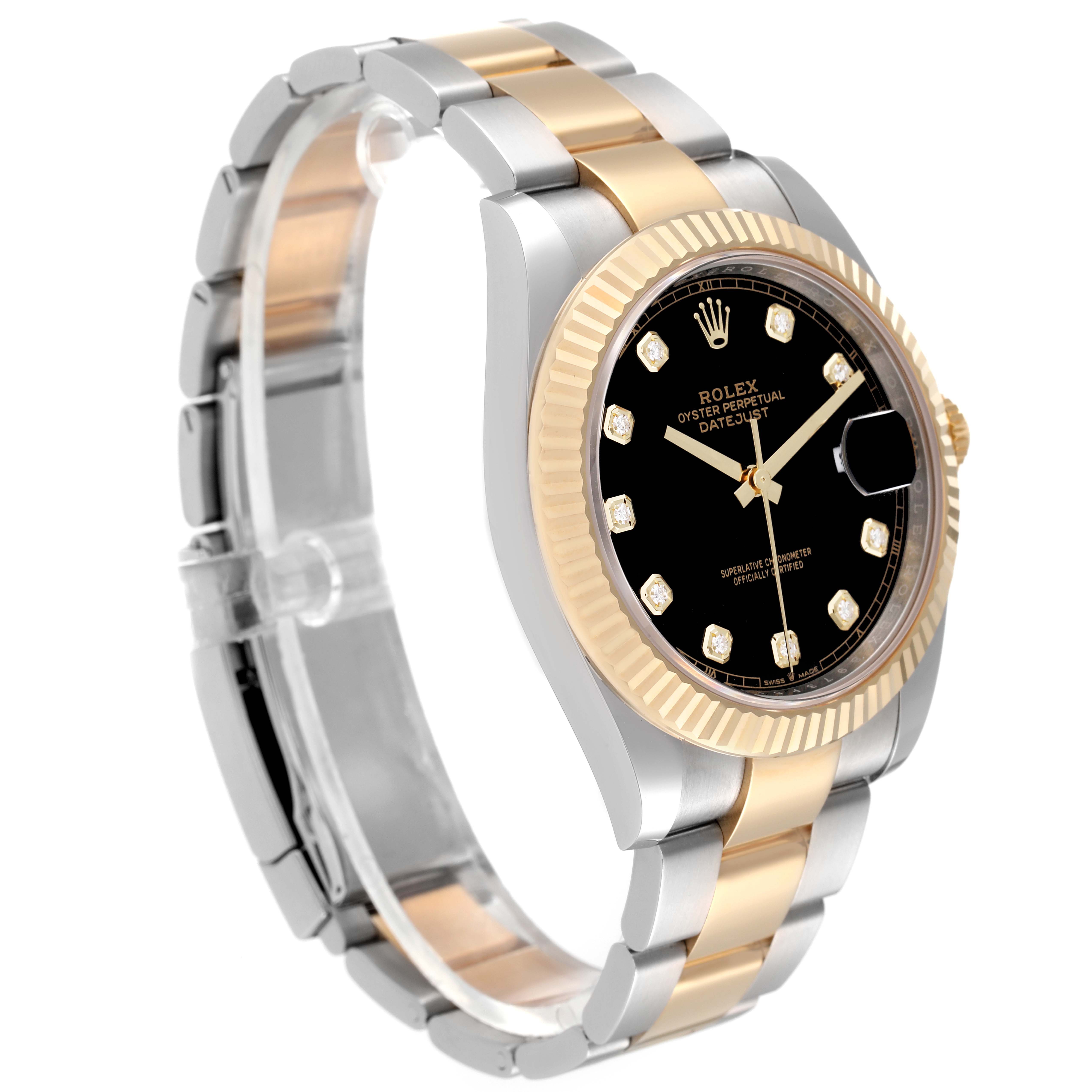 The image shows a side and frontal view of the Rolex Datejust 41 126333 Men
s Steel and Gold (two tone) Black Dial 126333 Men
s Steel and Gold (two tone) Black Dial watch, highlighting the black dial, gold fluted bezel, and two-tone bracelet.
