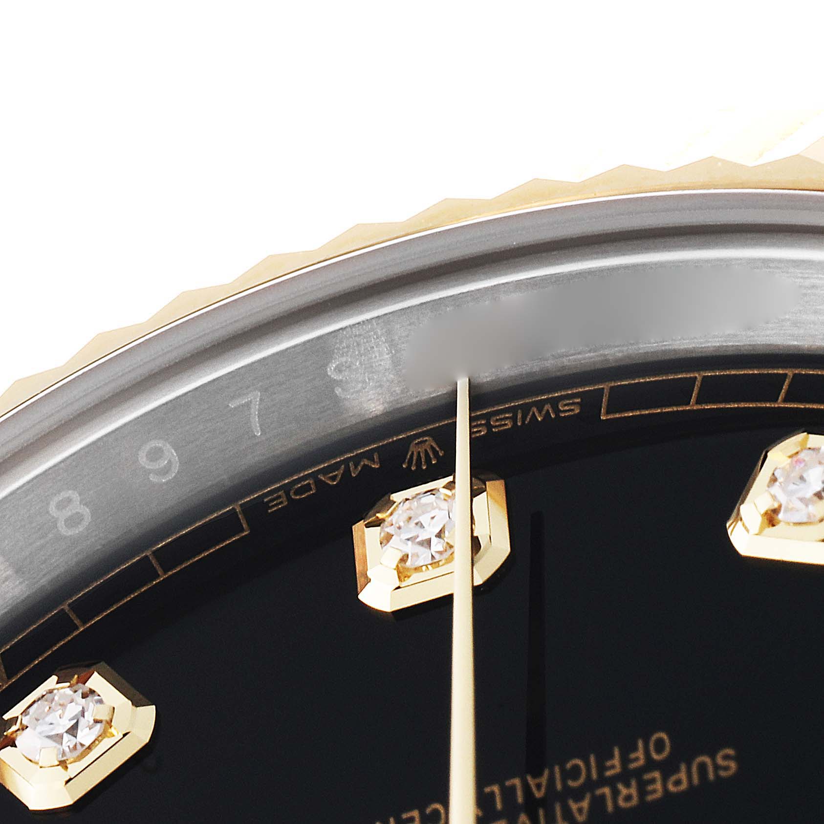The image shows a close-up of the dial and bezel of a Rolex Datejust 41 126333 Men
s Steel and Gold (two tone) Black Dial 126333 Men
s Steel and Gold (two tone) Black Dial watch, highlighting diamond hour markers and partial numbering.