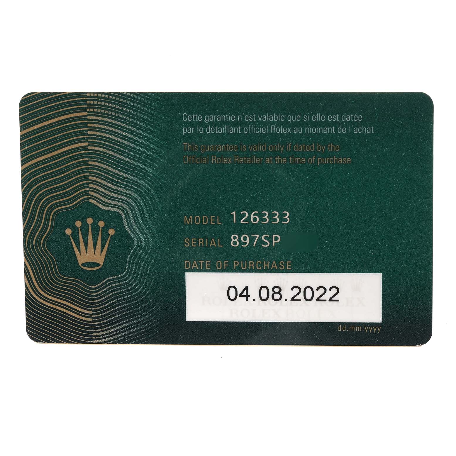 This image shows a warranty card for the Rolex Datejust 41 126333 Men
s Steel and Gold (two tone) Black Dial 126333 Men
s Steel and Gold (two tone) Black Dial model 126333 with a purchase date of 04.08.2022.