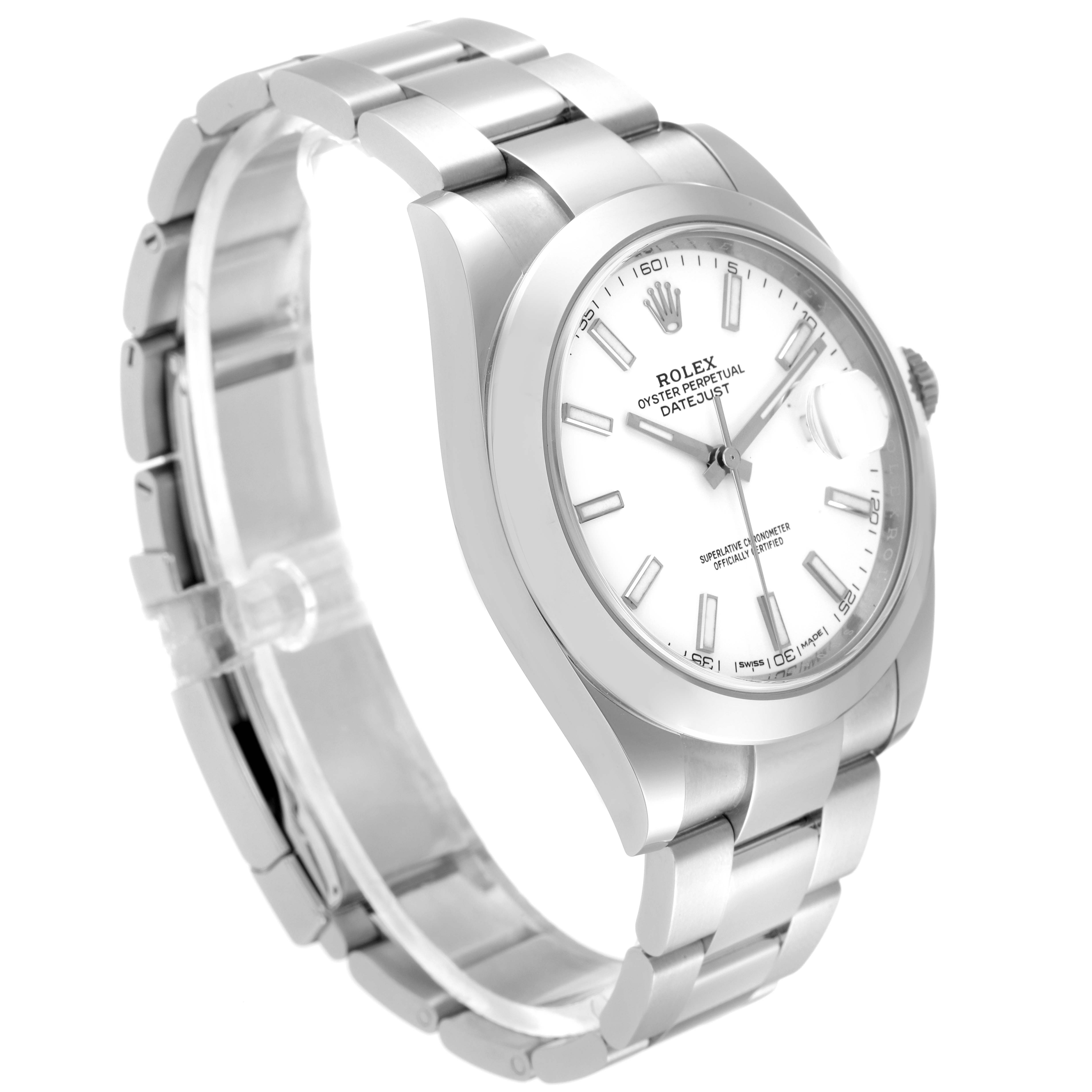 This image shows a Rolex Datejust 41 126300 Men's Stainless Steel White Dial 126300 Men's Stainless Steel White Dial watch angled from the right side, highlighting the bracelet and dial.