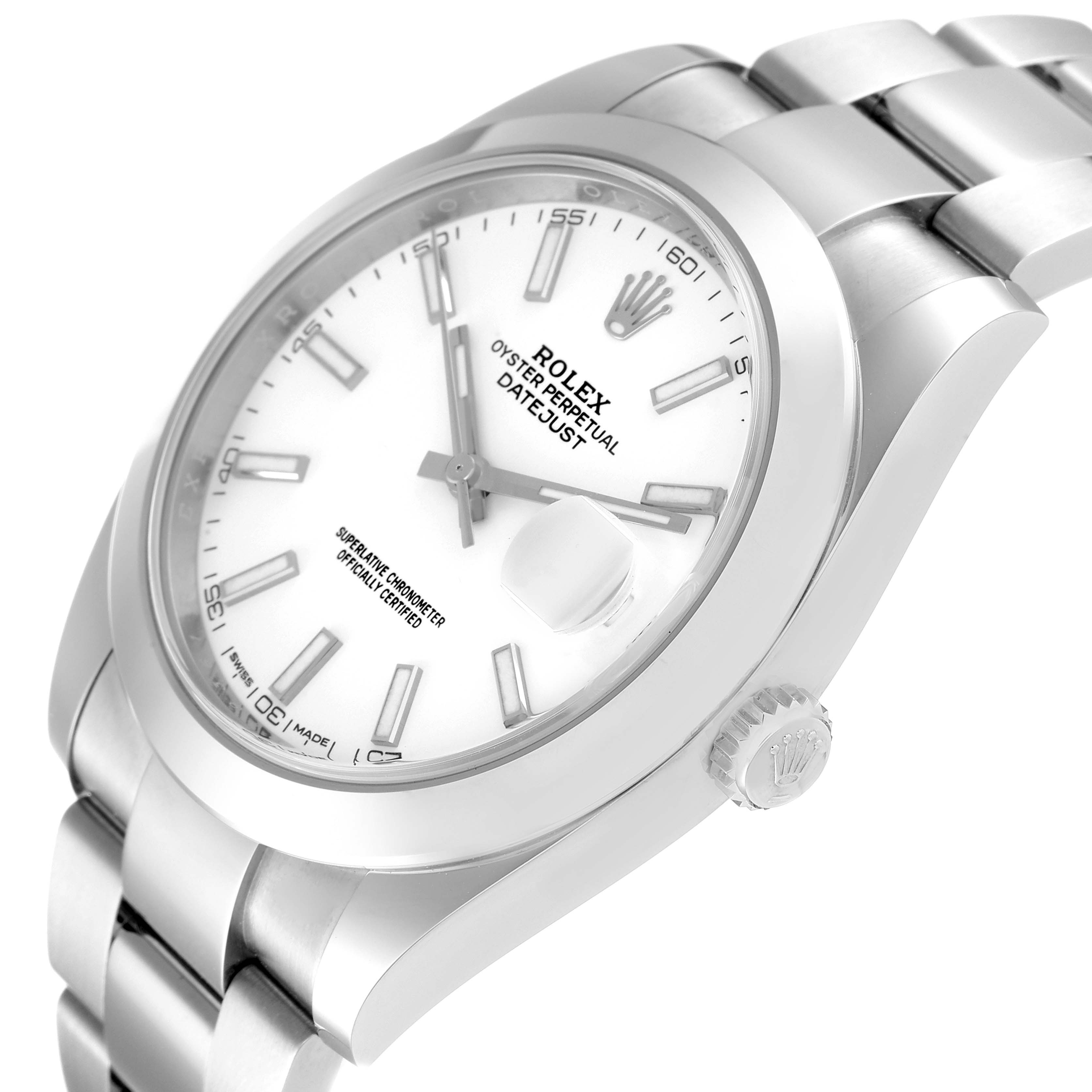 The image shows a side angle of the Rolex Datejust 41 126300 Men's Stainless Steel White Dial 126300 Men's Stainless Steel White Dial, highlighting the face, bezel, bracelet, and crown.