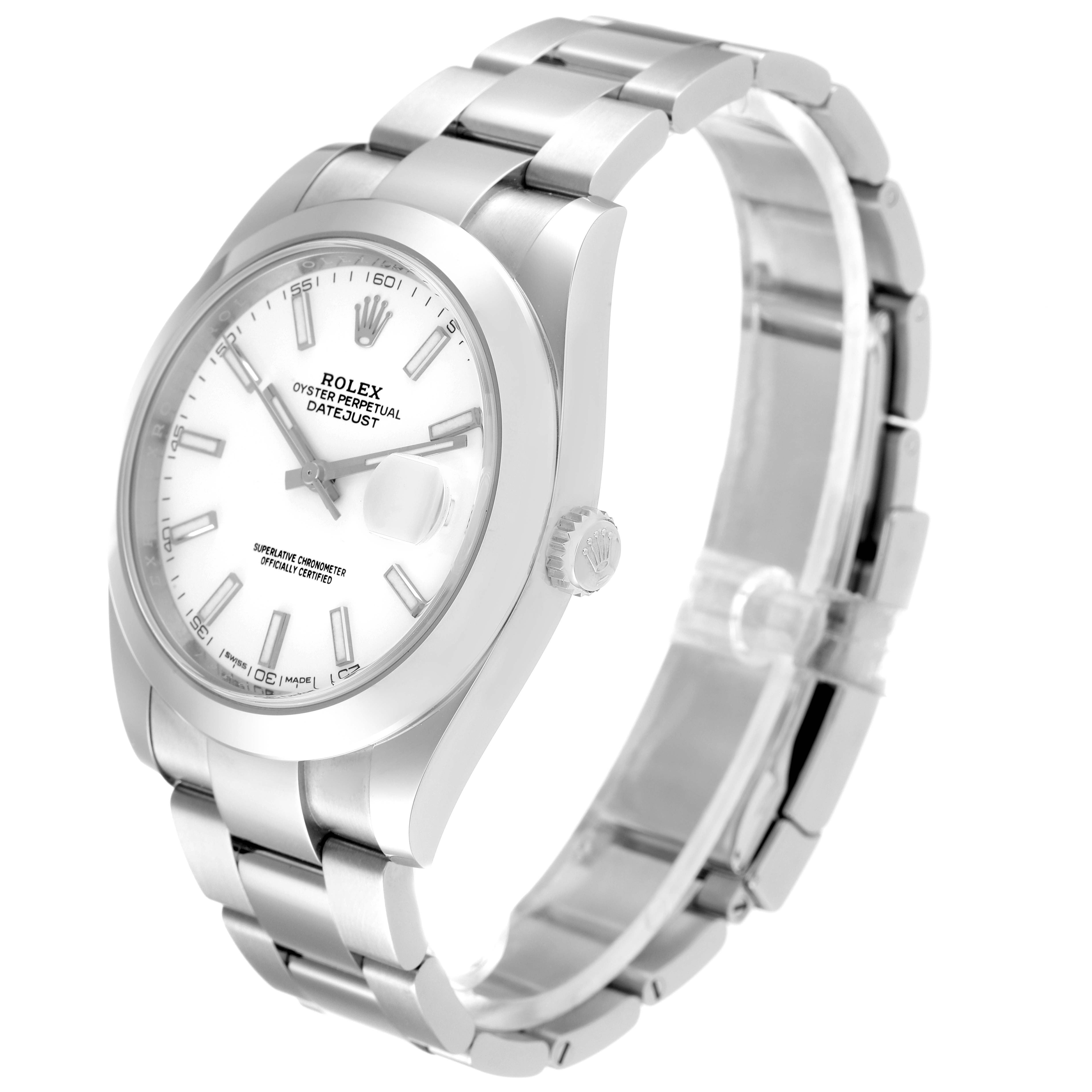 This image shows a side-angle view of a Rolex Datejust 41 126300 Men's Stainless Steel White Dial 126300 Men's Stainless Steel White Dial watch, highlighting its face, case, bracelet, and crown.