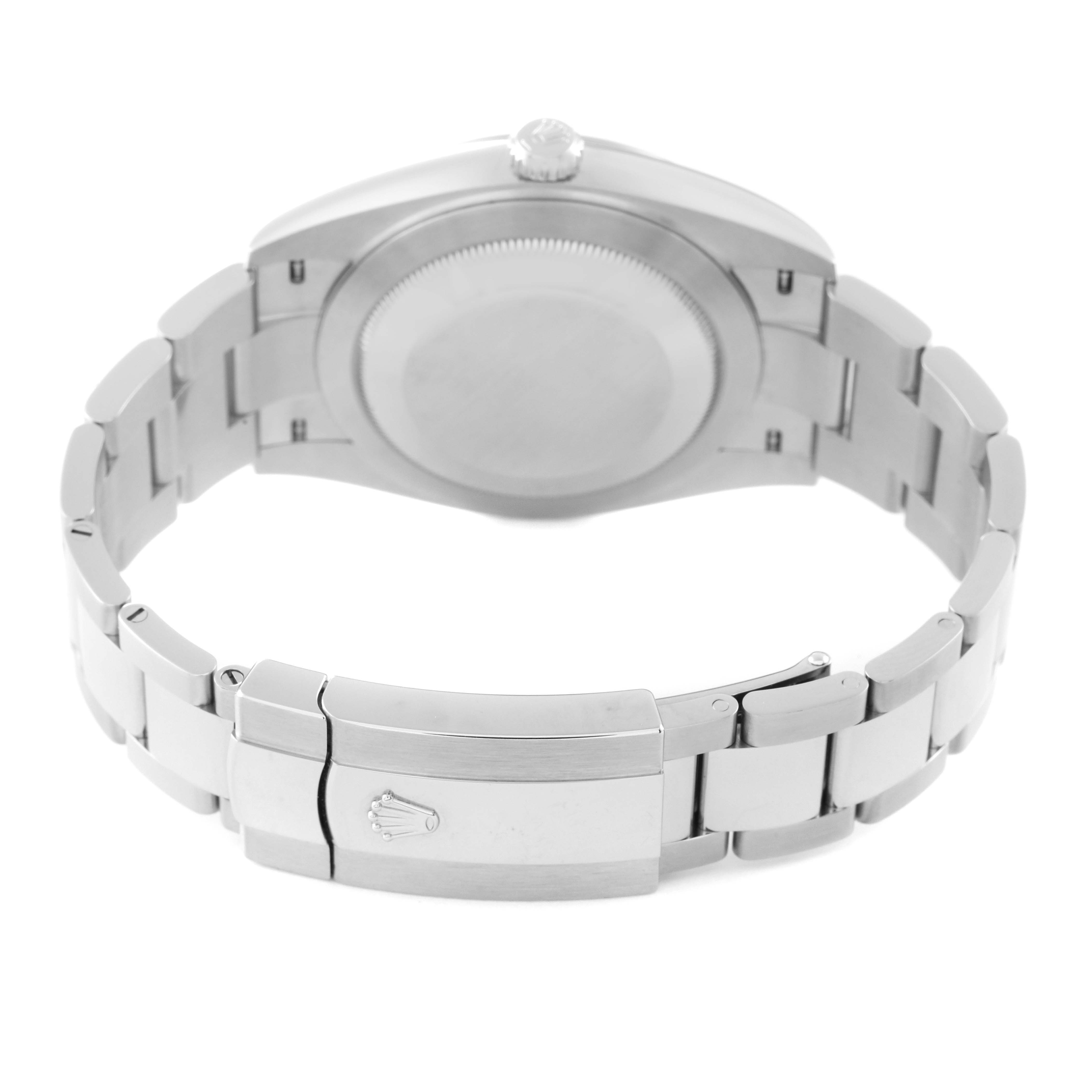 The image shows the Rolex Datejust 41 126300 Men's Stainless Steel White Dial 126300 Men's Stainless Steel White Dial watch from the back, displaying the case back, metal bracelet, and clasp.