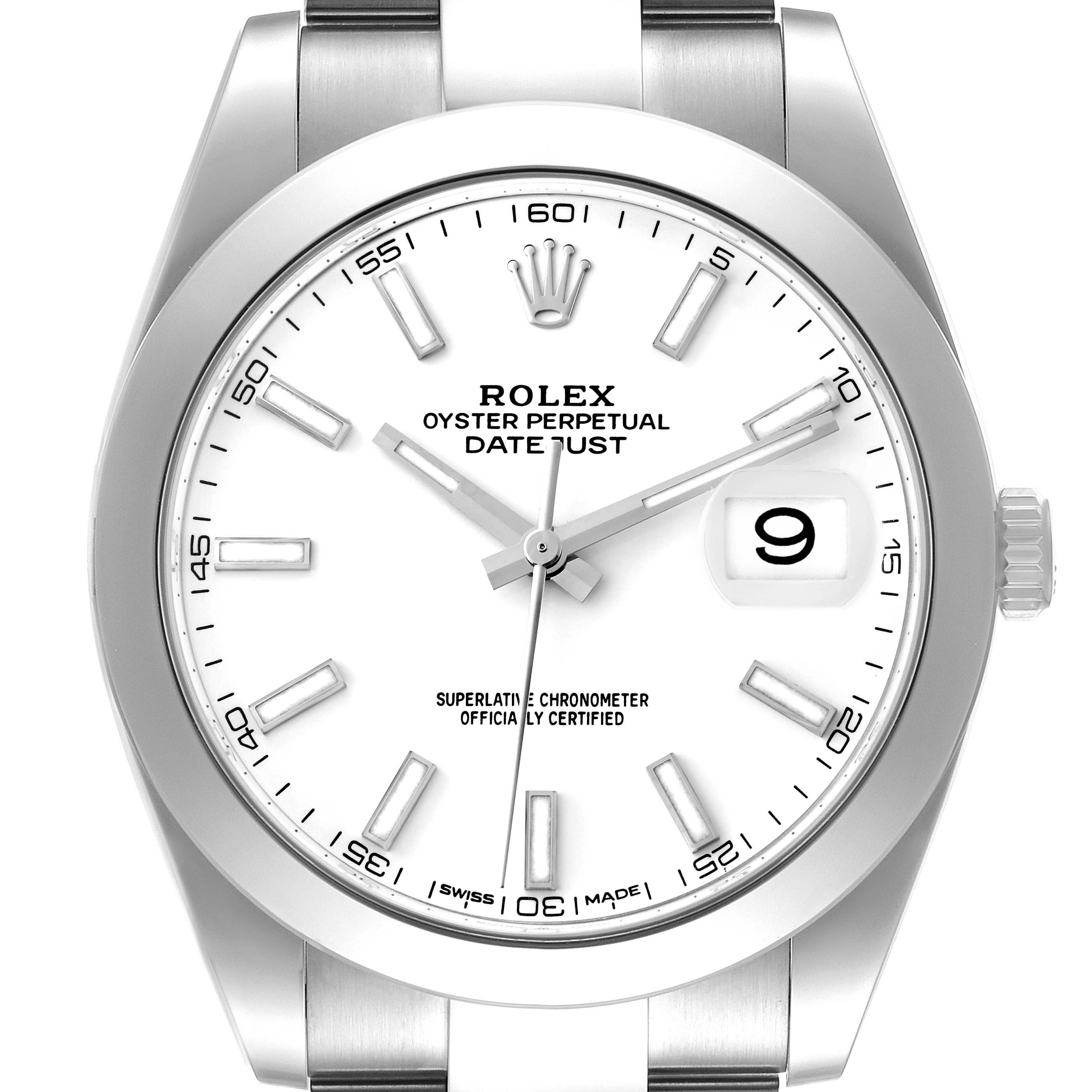 The image shows a front view of a Rolex Datejust 41 126300 Men's Stainless Steel White Dial 126300 Men's Stainless Steel White Dial watch, featuring its white dial, date window, and stainless steel case and bracelet.