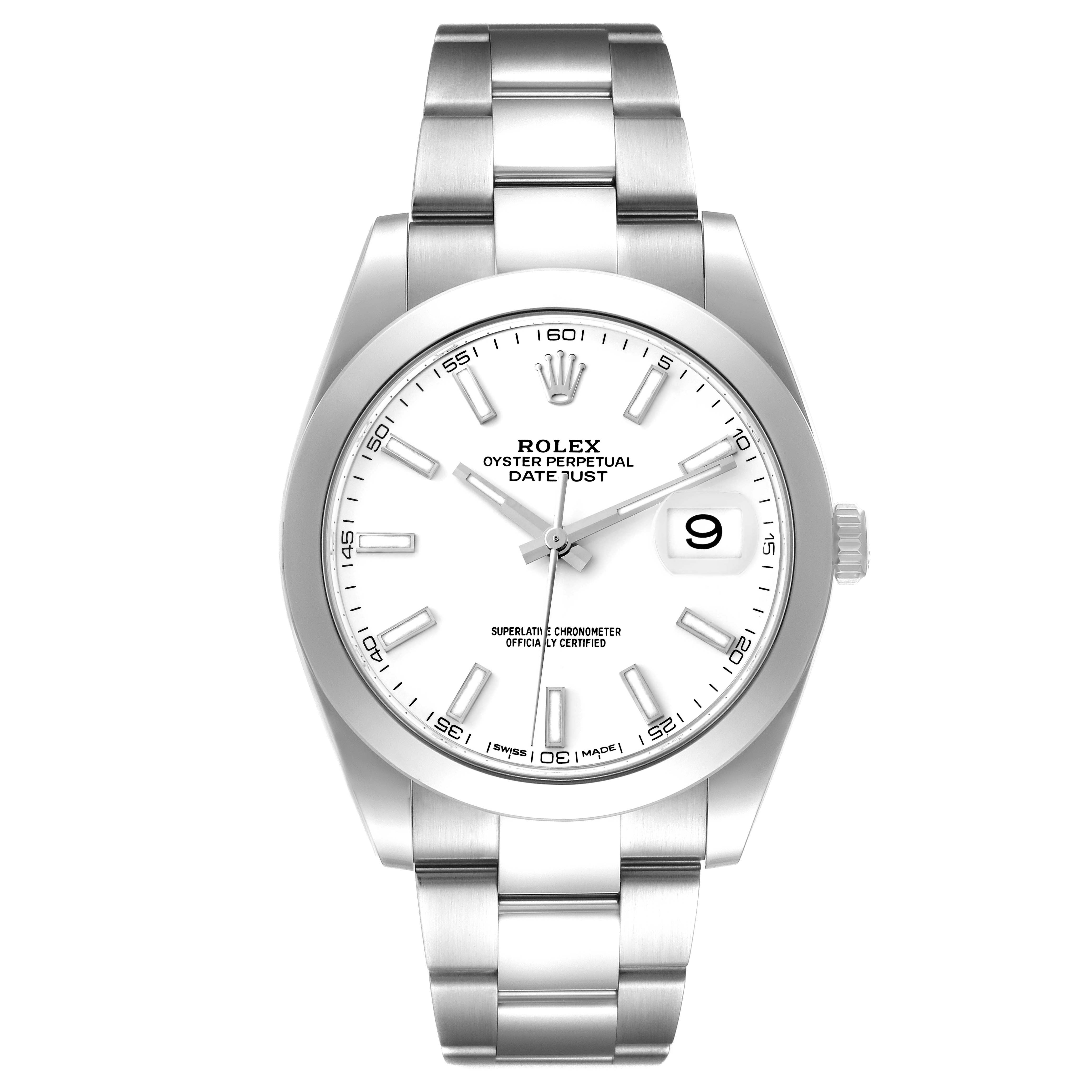 The Rolex Datejust 41 126300 Men's Stainless Steel White Dial 126300 Men's Stainless Steel White Dial watch is shown from a front angle, displaying the dial, bezel, and bracelet.