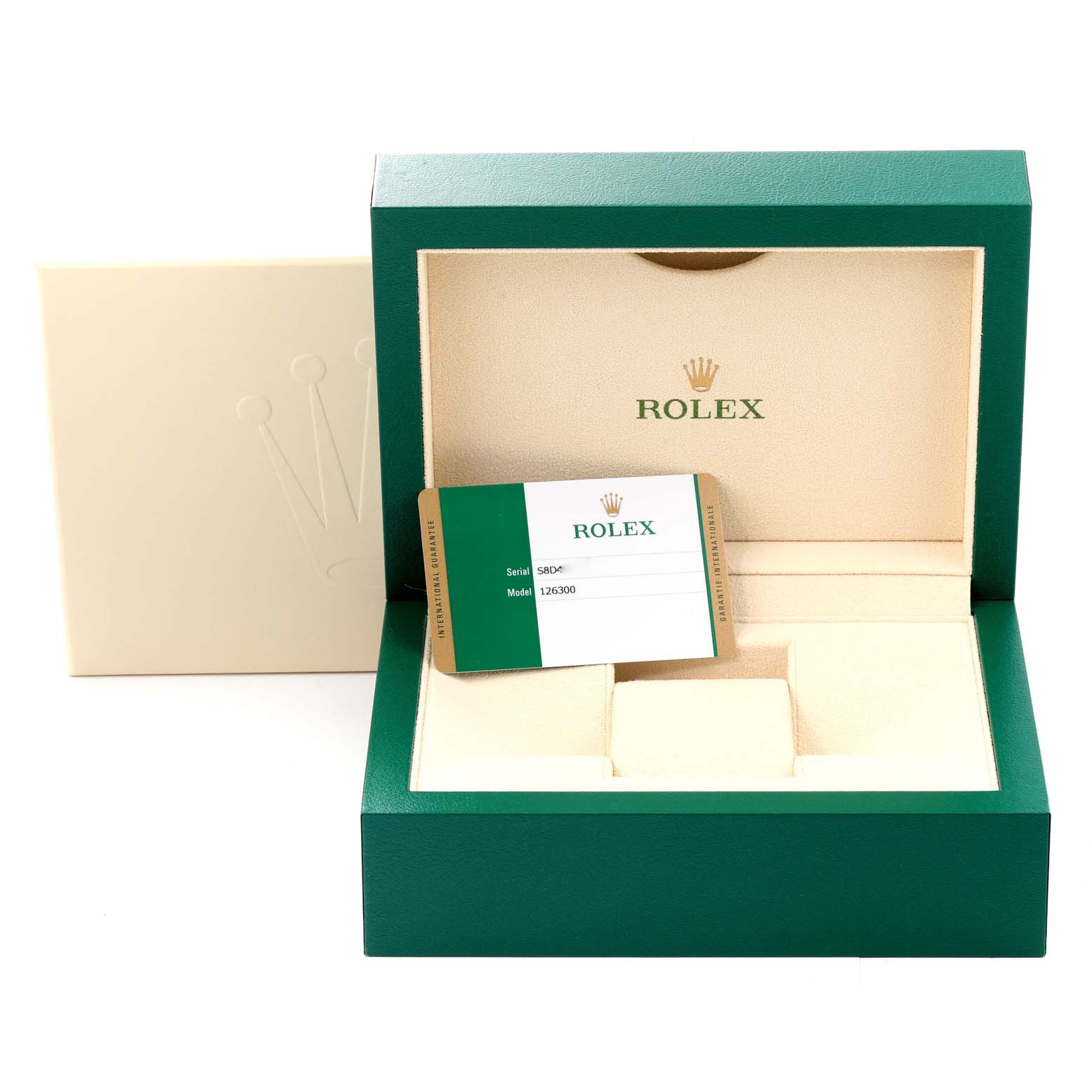 The image shows the packaging, warranty card, and empty watch holder for the Rolex Datejust 41 126300 Men's Stainless Steel White Dial 126300 Men's Stainless Steel White Dial model.