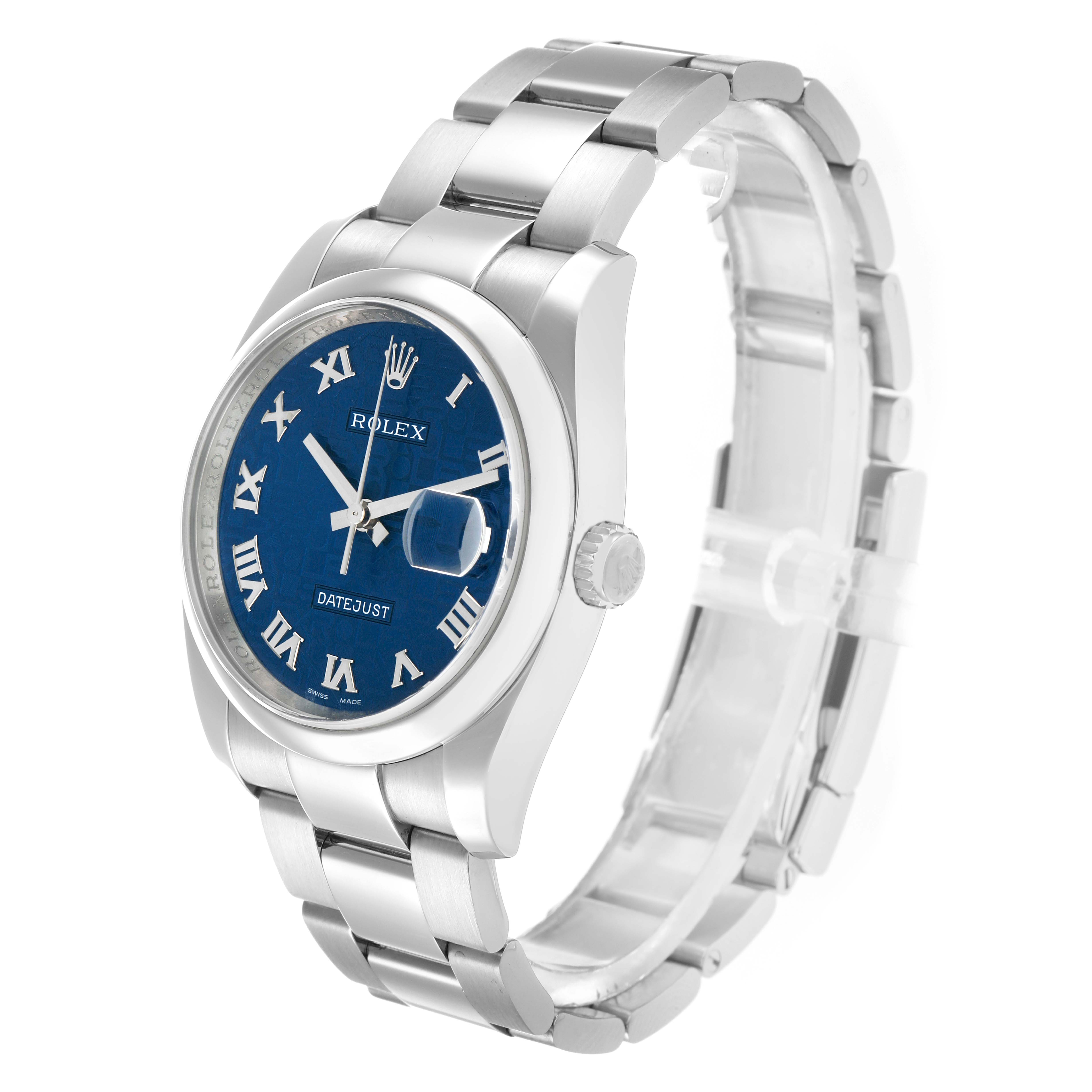 The Rolex Datejust 116200 Men's Stainless Steel Blue Dial watch is shown at a slight angle, displaying its blue dial, Roman numerals, and stainless steel bracelet.