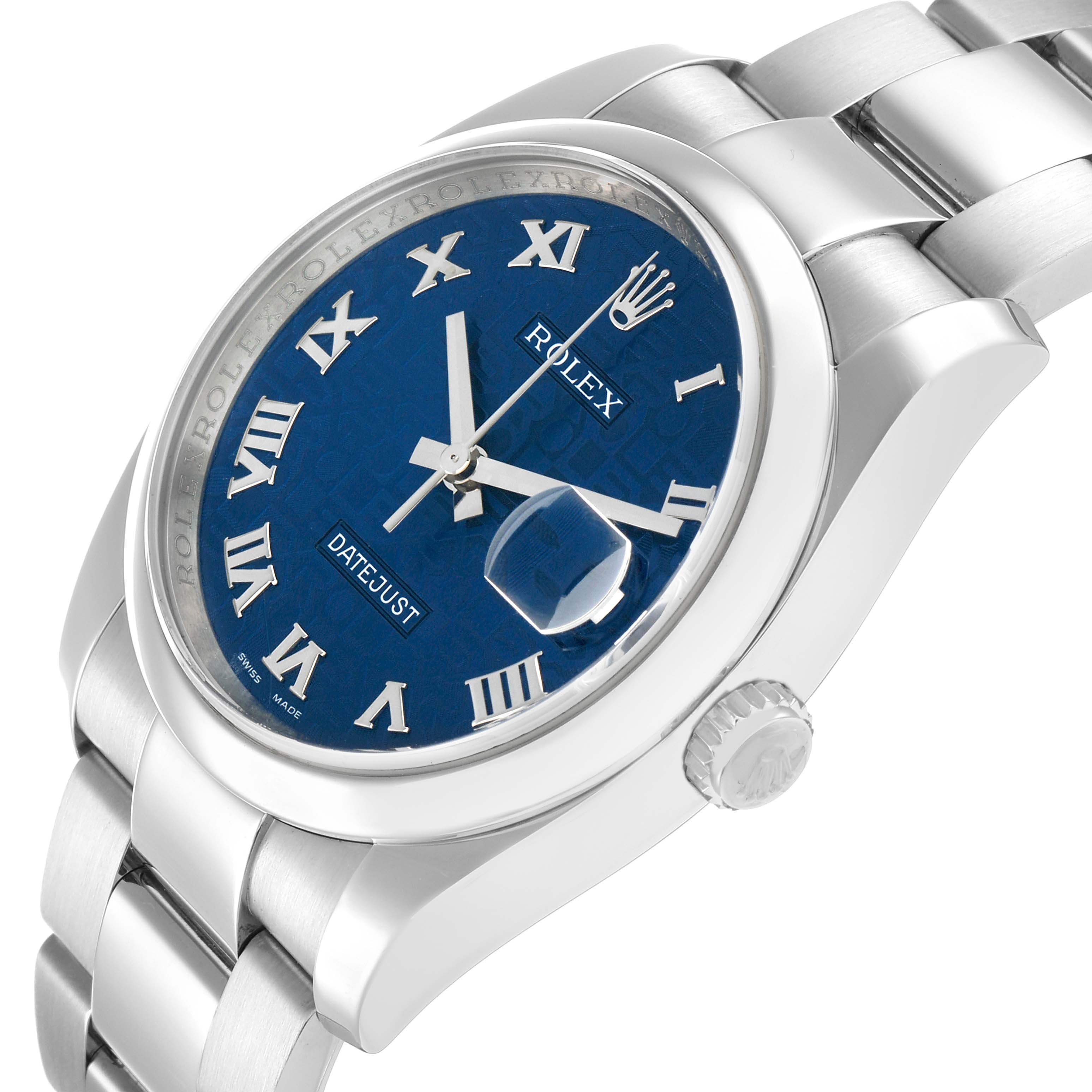 The Rolex Datejust 116200 Men's Stainless Steel Blue Dial watch is shown at a slight angle, highlighting the blue dial, Roman numerals, bezel, and part of the bracelet.