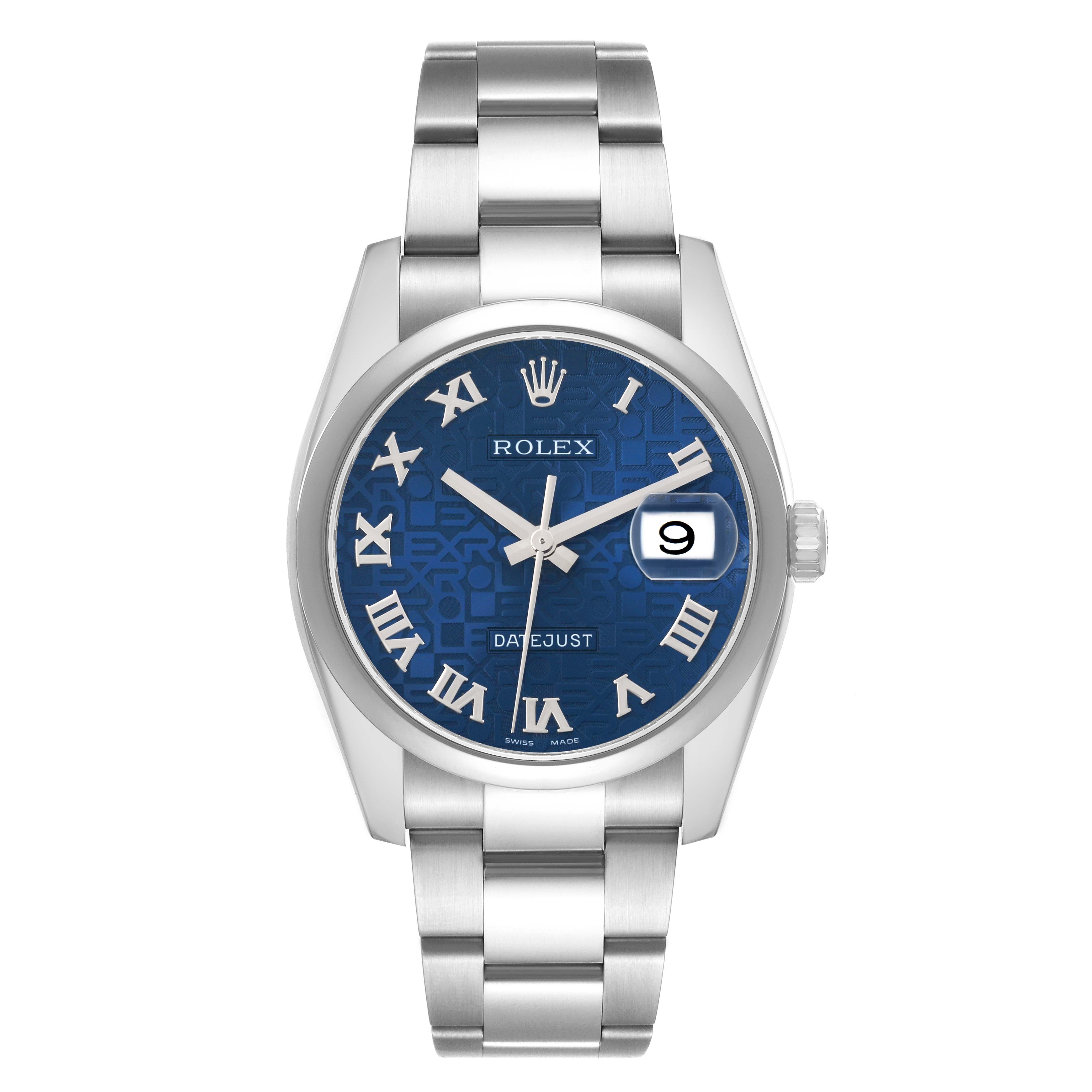 The Rolex Datejust 116200 Men's Stainless Steel Blue Dial watch is shown from a front angle, displaying the face, bezel, crown, and bracelet.
