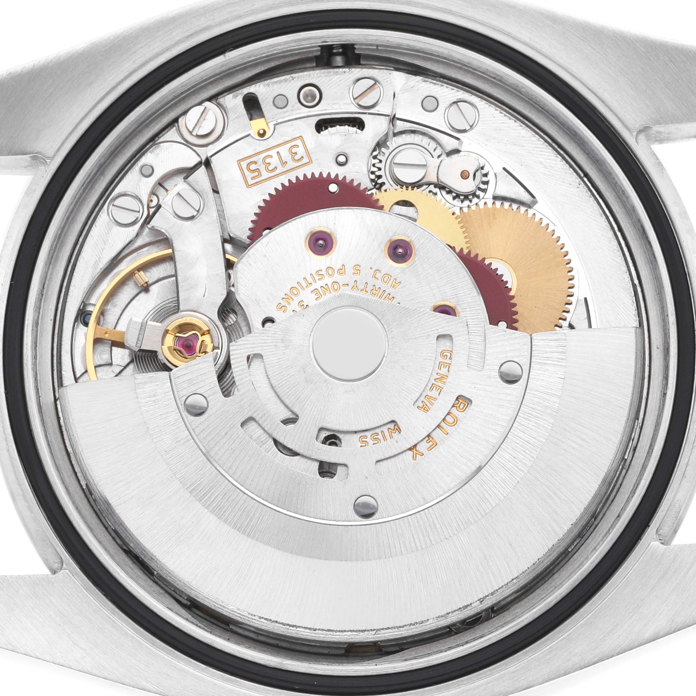 The image shows the internal mechanism of a Rolex Datejust 116200 Men's Stainless Steel Blue Dial, highlighting gears and components in a top-down view.