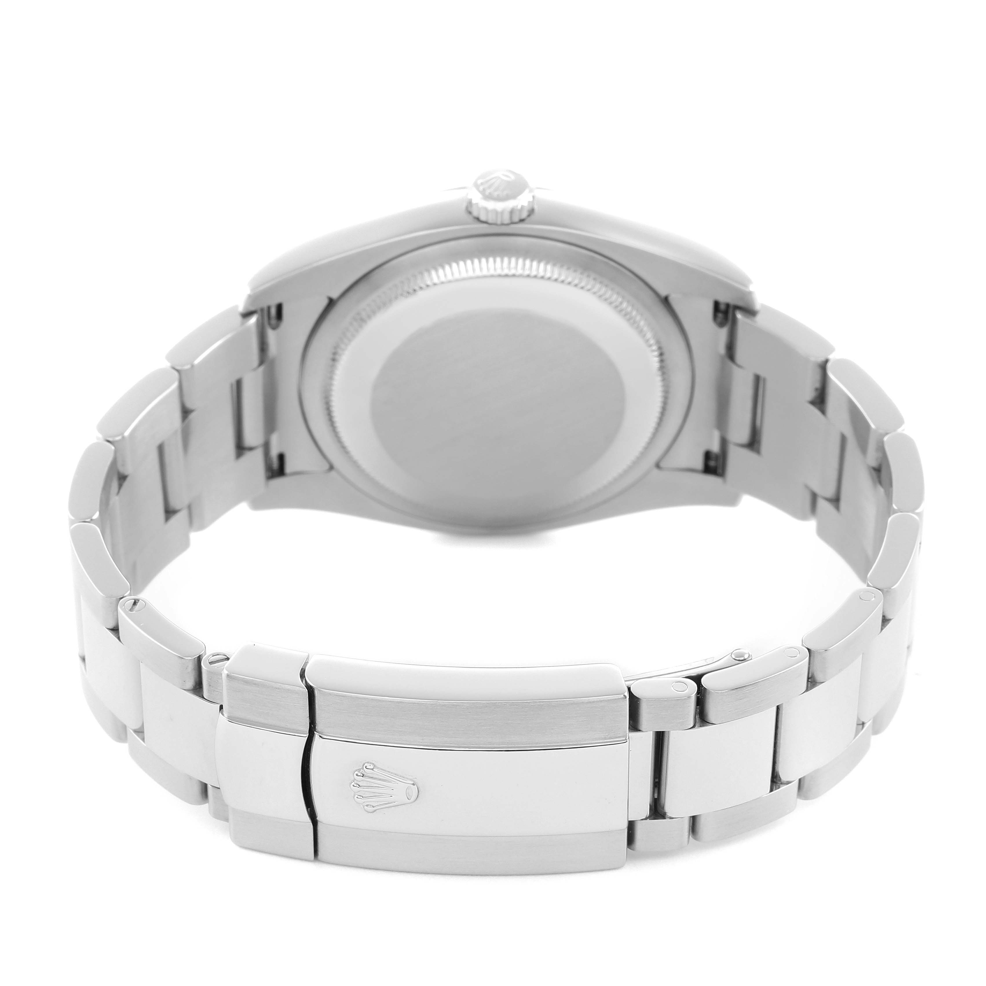 The image shows the back of a Rolex Datejust 116200 Men's Stainless Steel Blue Dial, highlighting the case back and bracelet clasp.