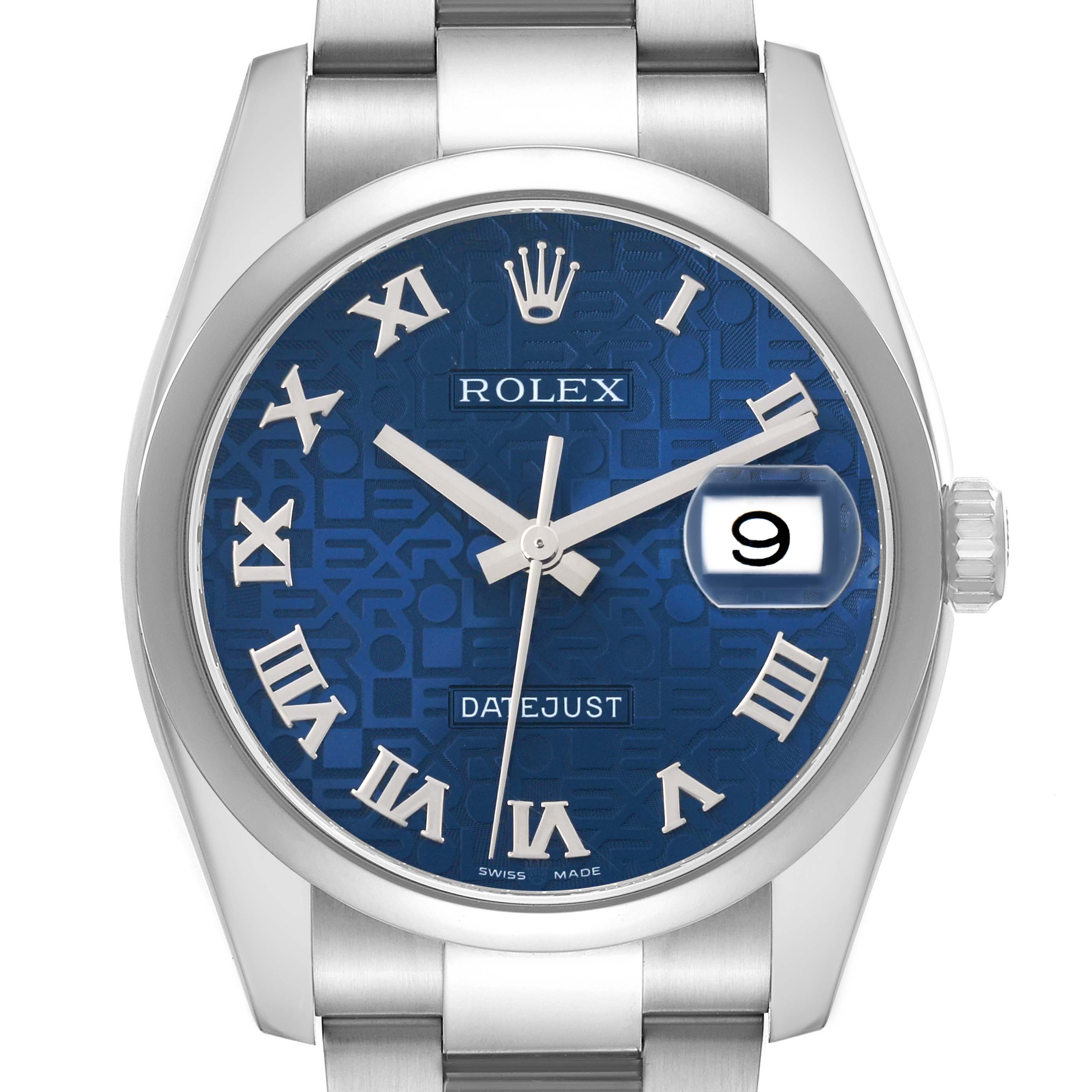 The Rolex Datejust 116200 Men's Stainless Steel Blue Dial watch is shown from a front angle, displaying the blue dial, Roman numerals, and date window.