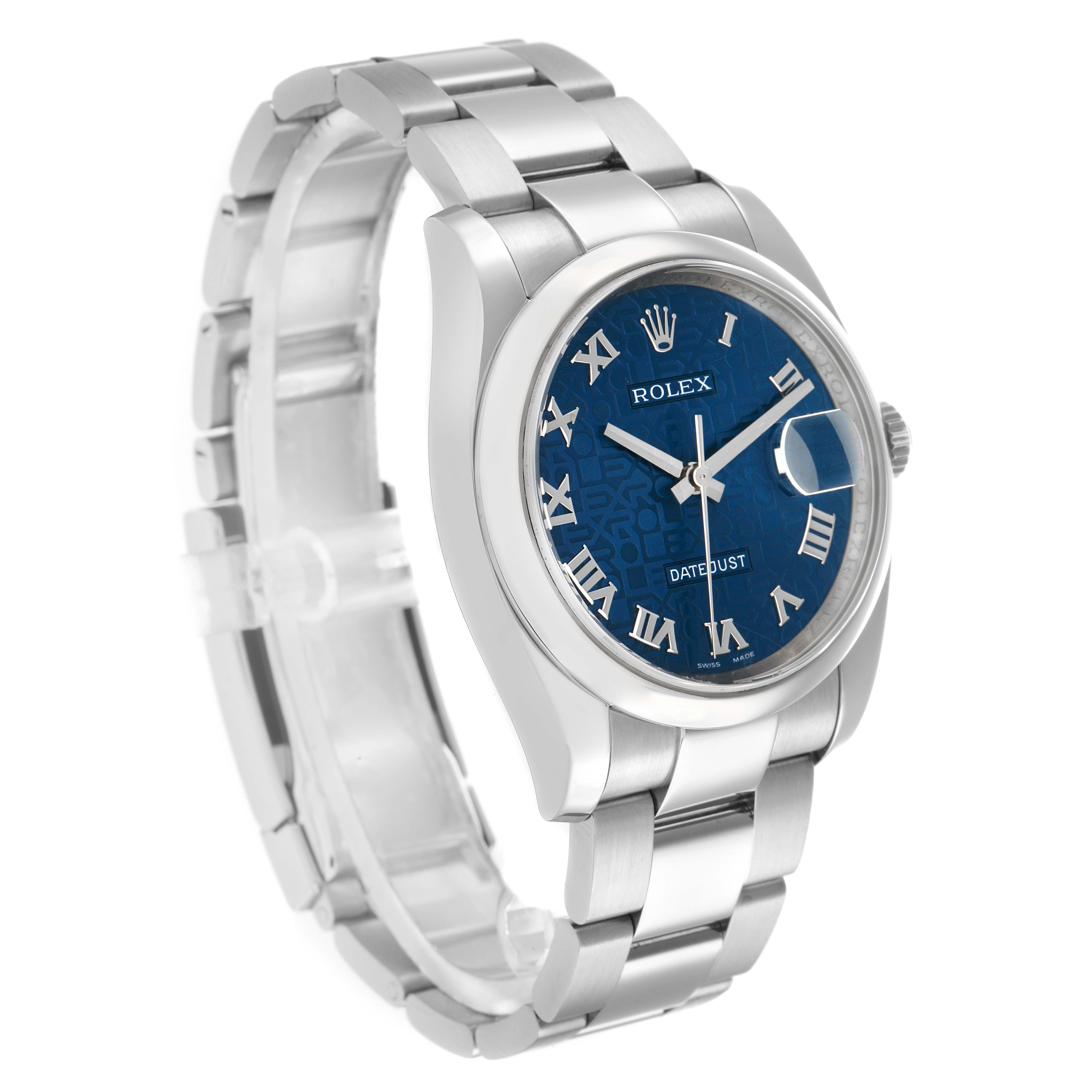 The Rolex Datejust 116200 Men's Stainless Steel Blue Dial watch is shown at a slight side angle, highlighting the face, bezel, bracelet, and crown.