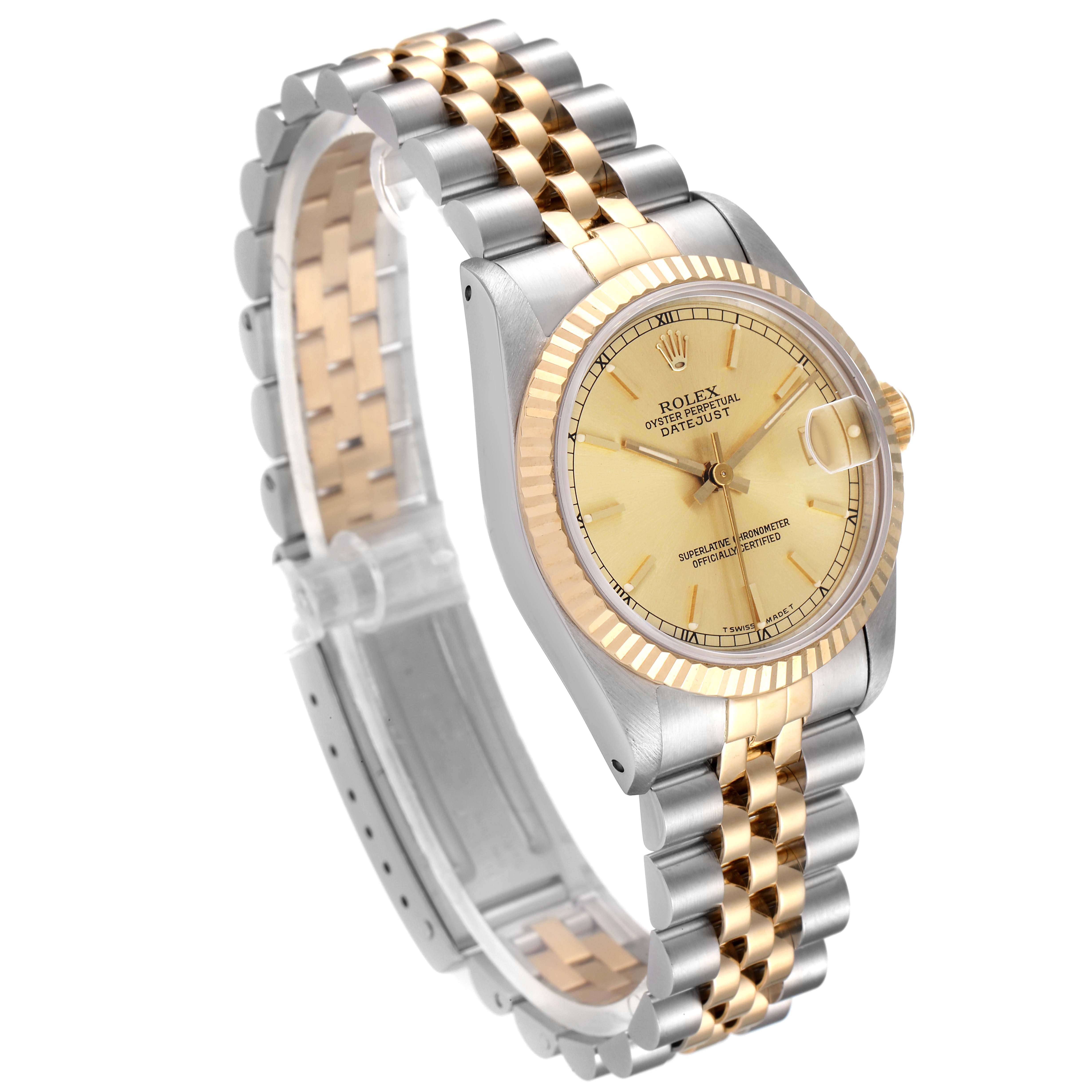 This image shows a side view of a Mid-Size Rolex Datejust watch, featuring a two-tone stainless steel and gold bracelet, and a champagne dial.