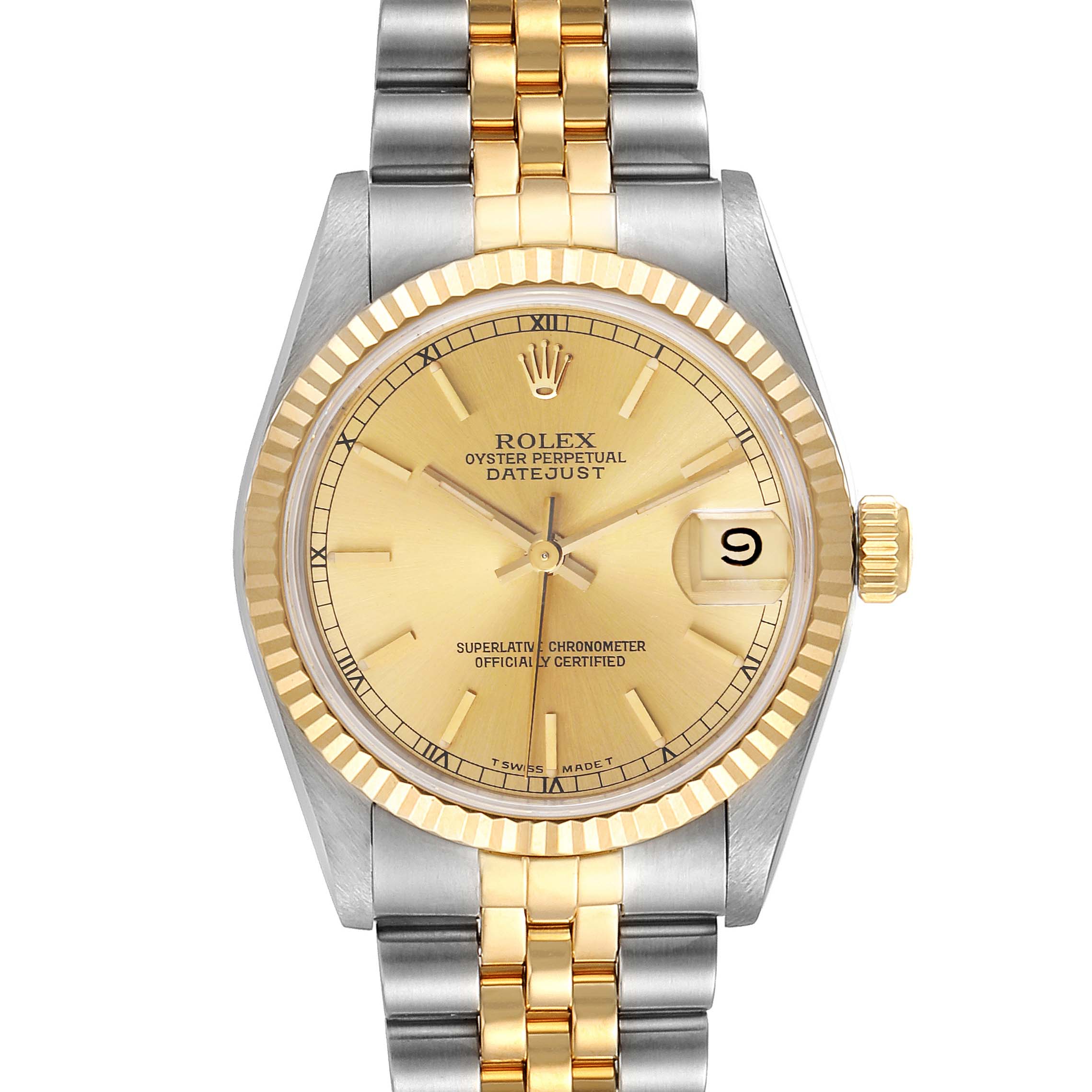 This image shows a front view of a Rolex Mid-Size 68273 Women's Steel and Gold (two tone) Champagne Dial 68273 Women's Steel and Gold (two tone) Champagne Dial Datejust, displaying the golden dial, bezel, and two-tone bracelet.