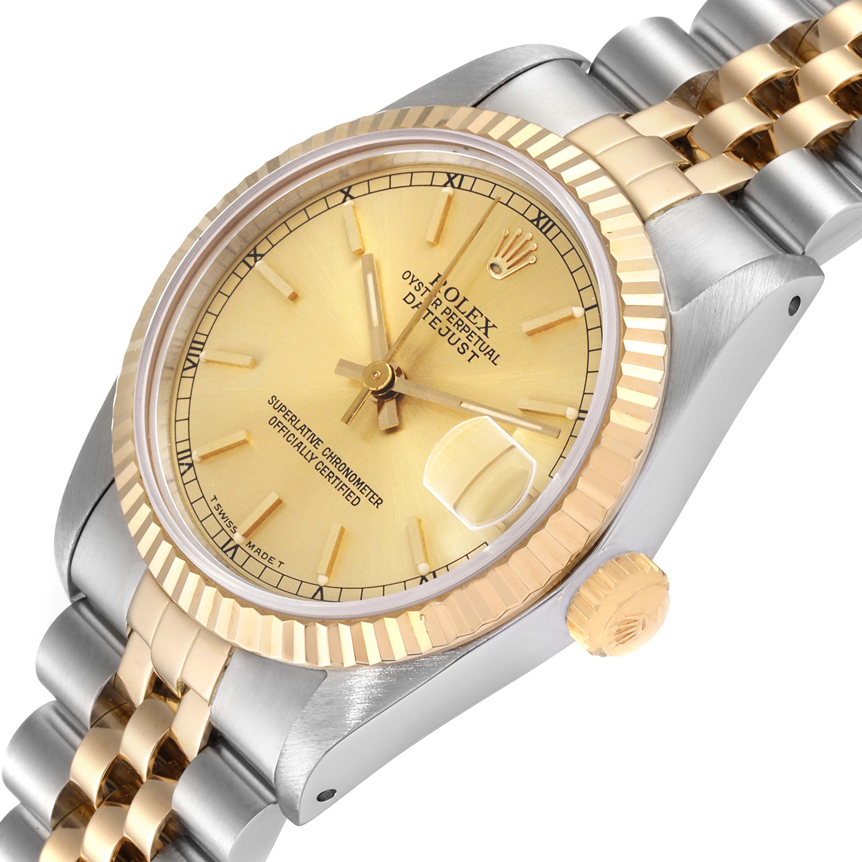 This image shows a side angle of the Rolex Mid-Size 68273 Women's Steel and Gold (two tone) Champagne Dial 68273 Women's Steel and Gold (two tone) Champagne Dial model, highlighting its gold dial, fluted bezel, and two-tone bracelet.