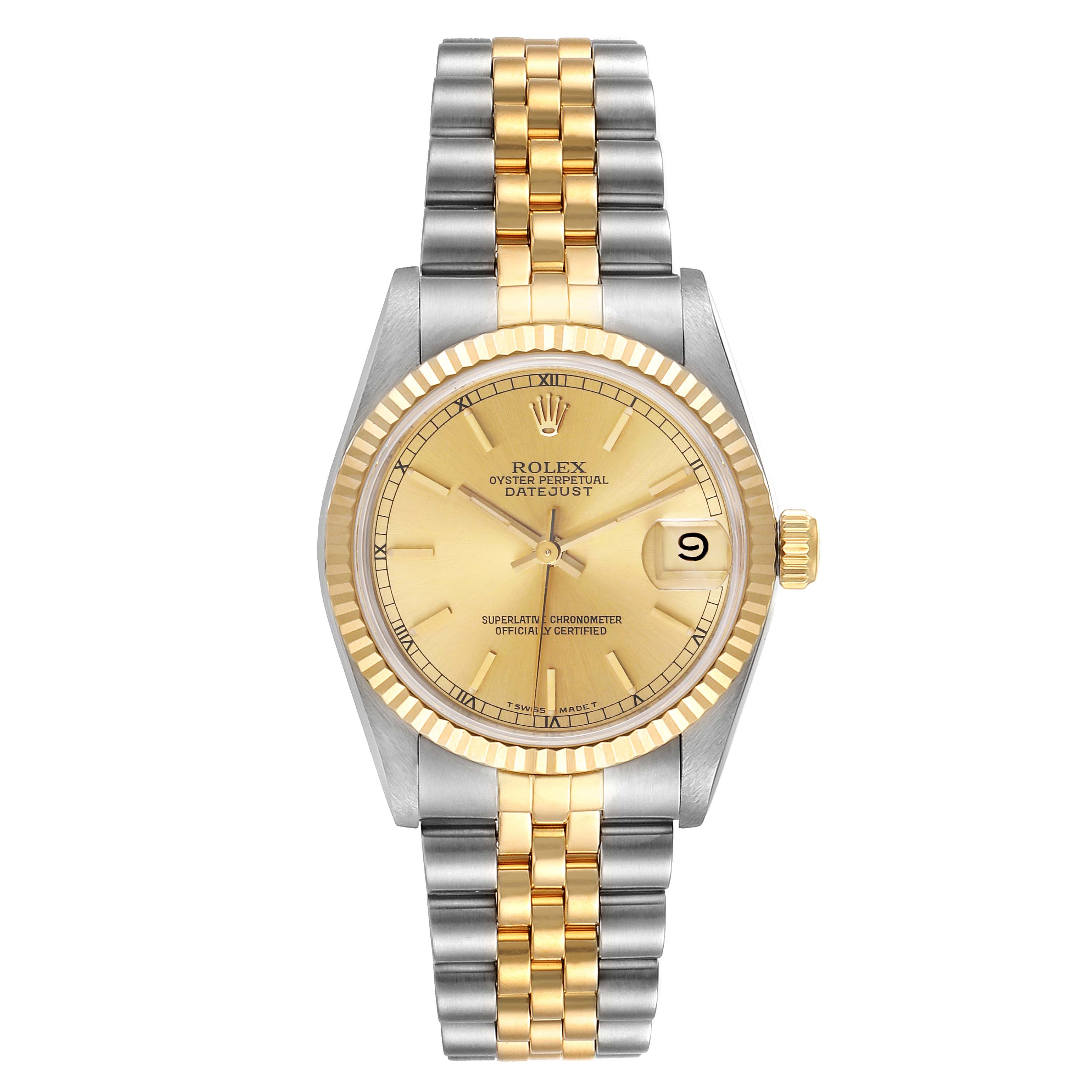 This image shows a front view of the Rolex Oyster Perpetual Datejust Mid-Size model, displaying its face and two-tone bracelet.