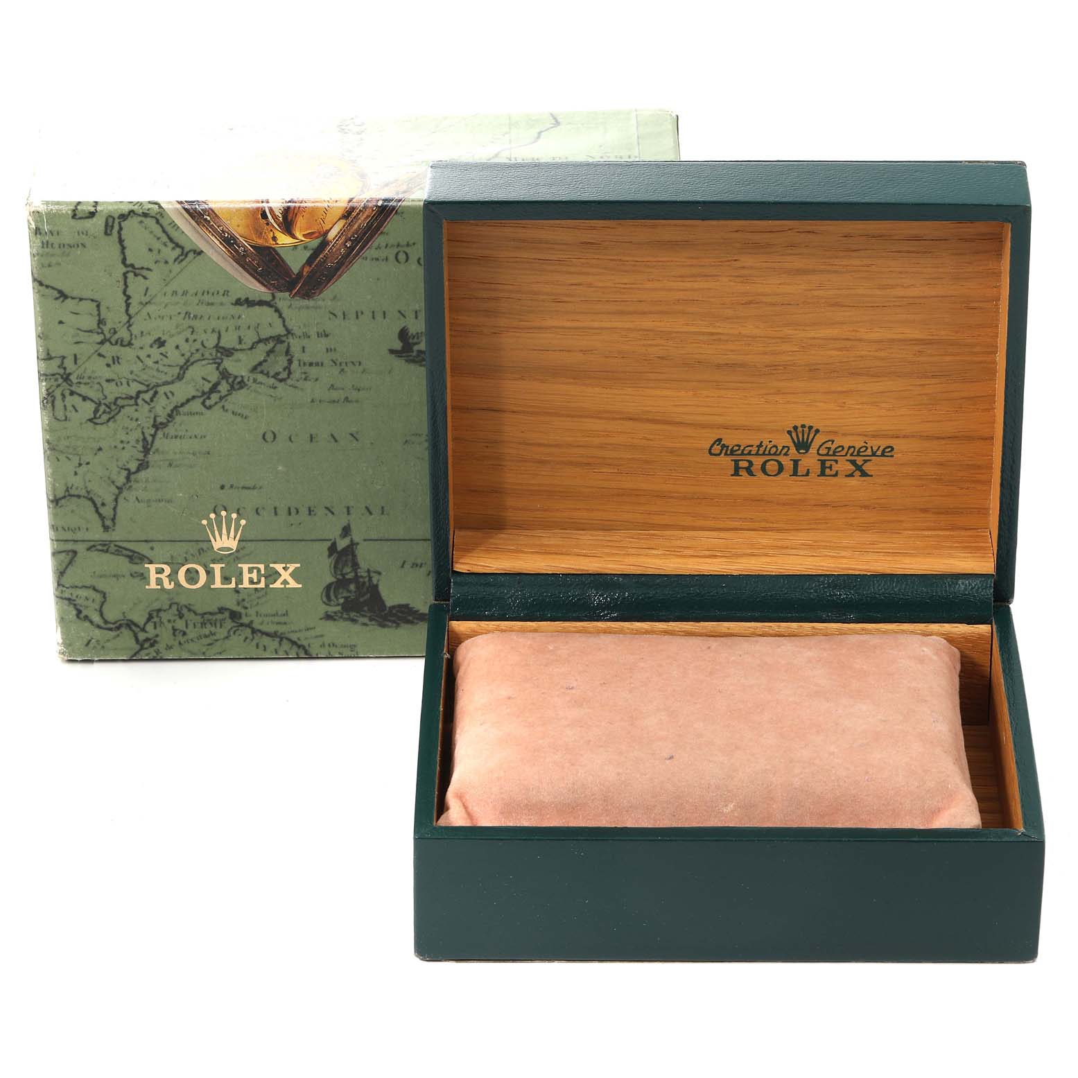 The image shows the open box and outer packaging for a Mid-Size Rolex watch, with the cushion inside the box.