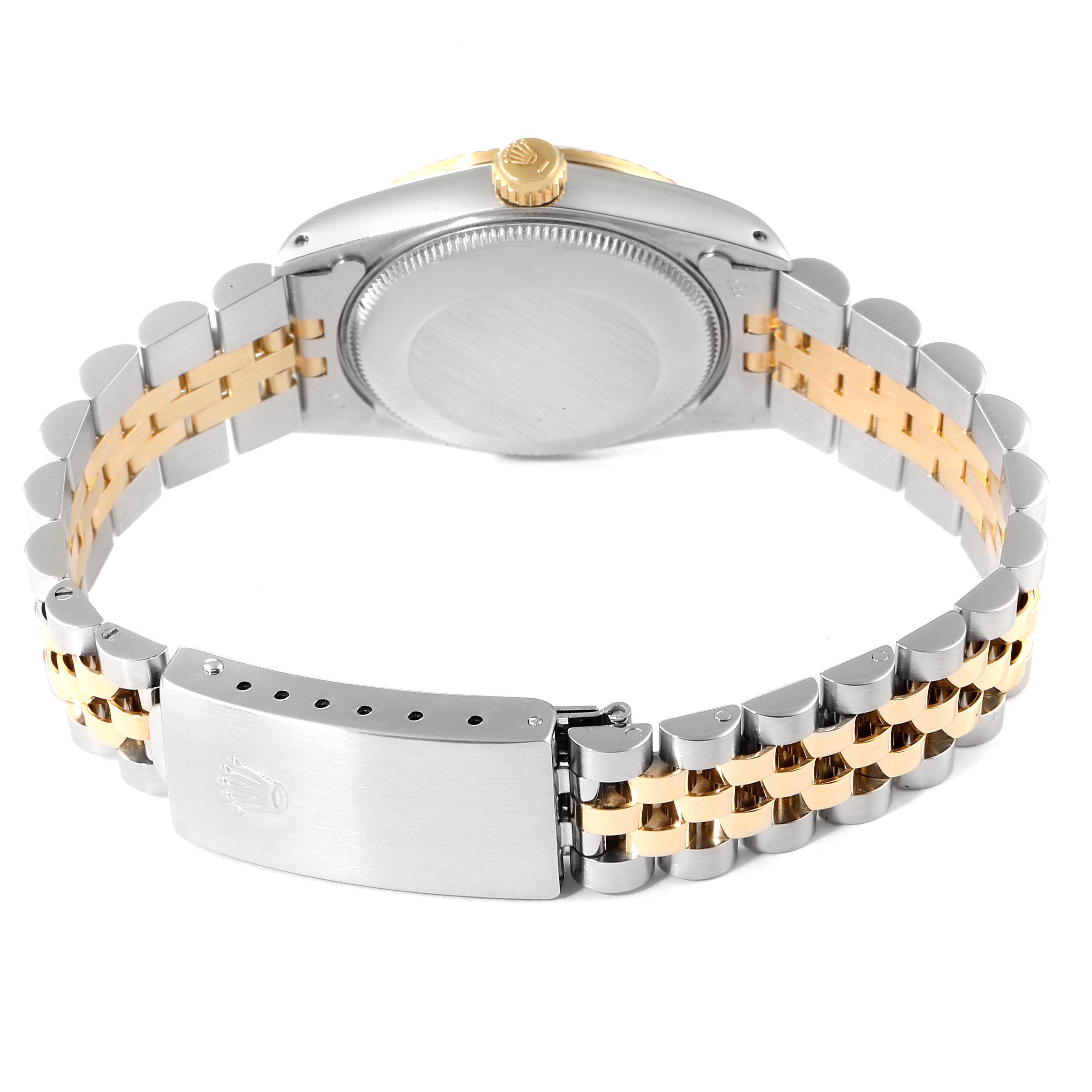 This image shows the back and the clasp of a Rolex Mid-Size 68273 Women's Steel and Gold (two tone) Champagne Dial 68273 Women's Steel and Gold (two tone) Champagne Dial model watch.