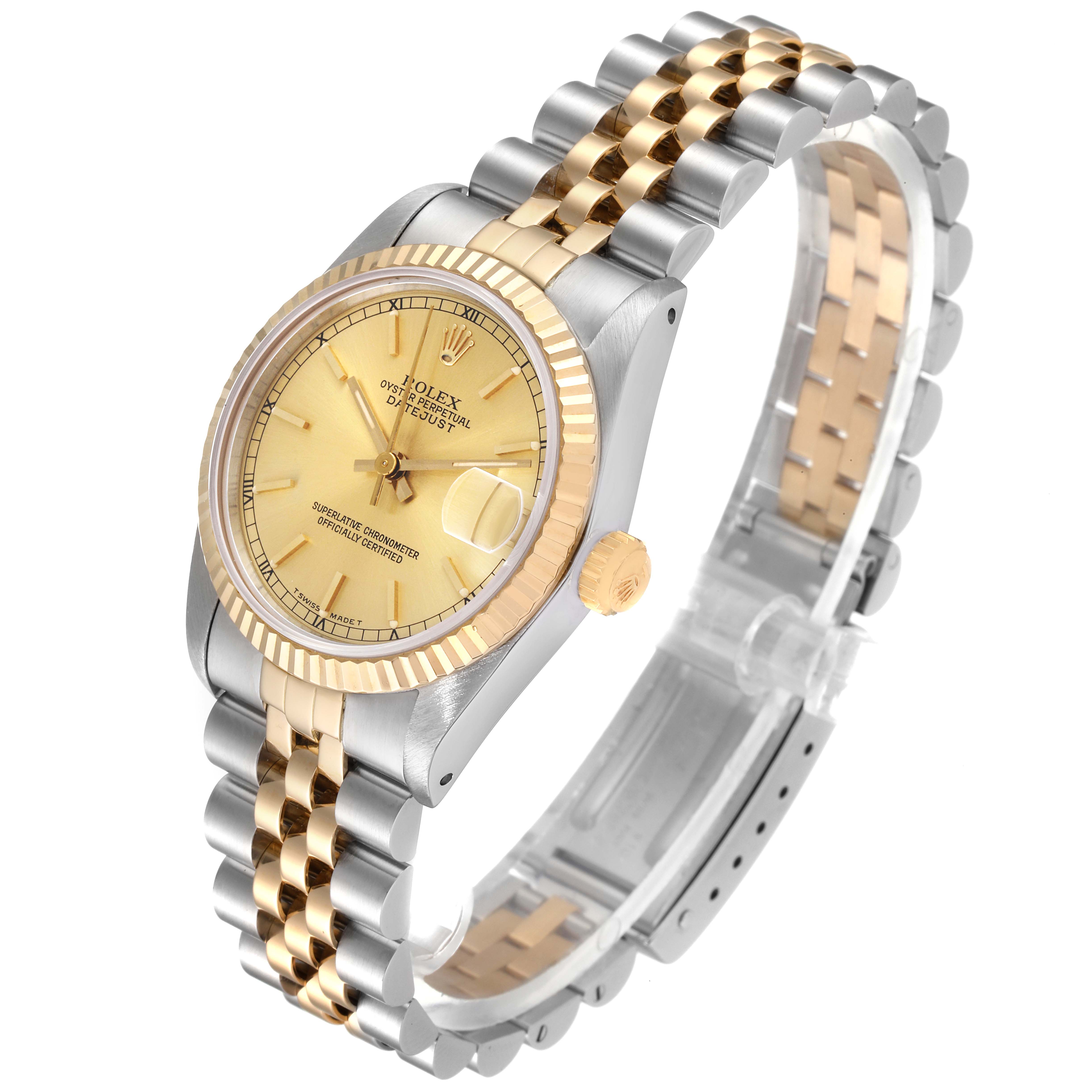 The Rolex Mid-Size 68273 Women's Steel and Gold (two tone) Champagne Dial 68273 Women's Steel and Gold (two tone) Champagne Dial model watch is shown at a three-quarter angle, highlighting the face, bezel, crown, and bracelet.