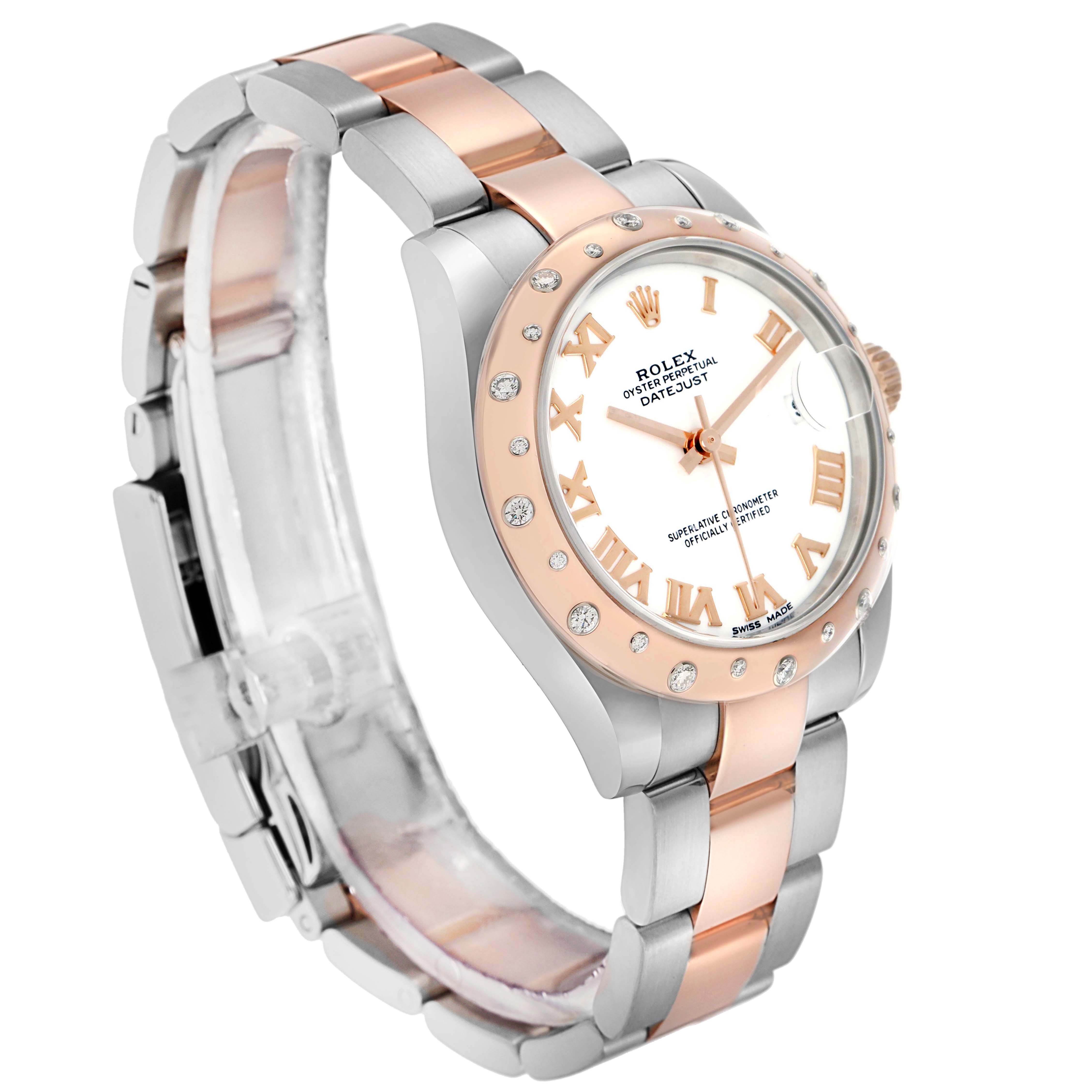 The Rolex Datejust Mid-Size watch is shown from a three-quarter angle, highlighting the case, dial, bezel, and bracelet.