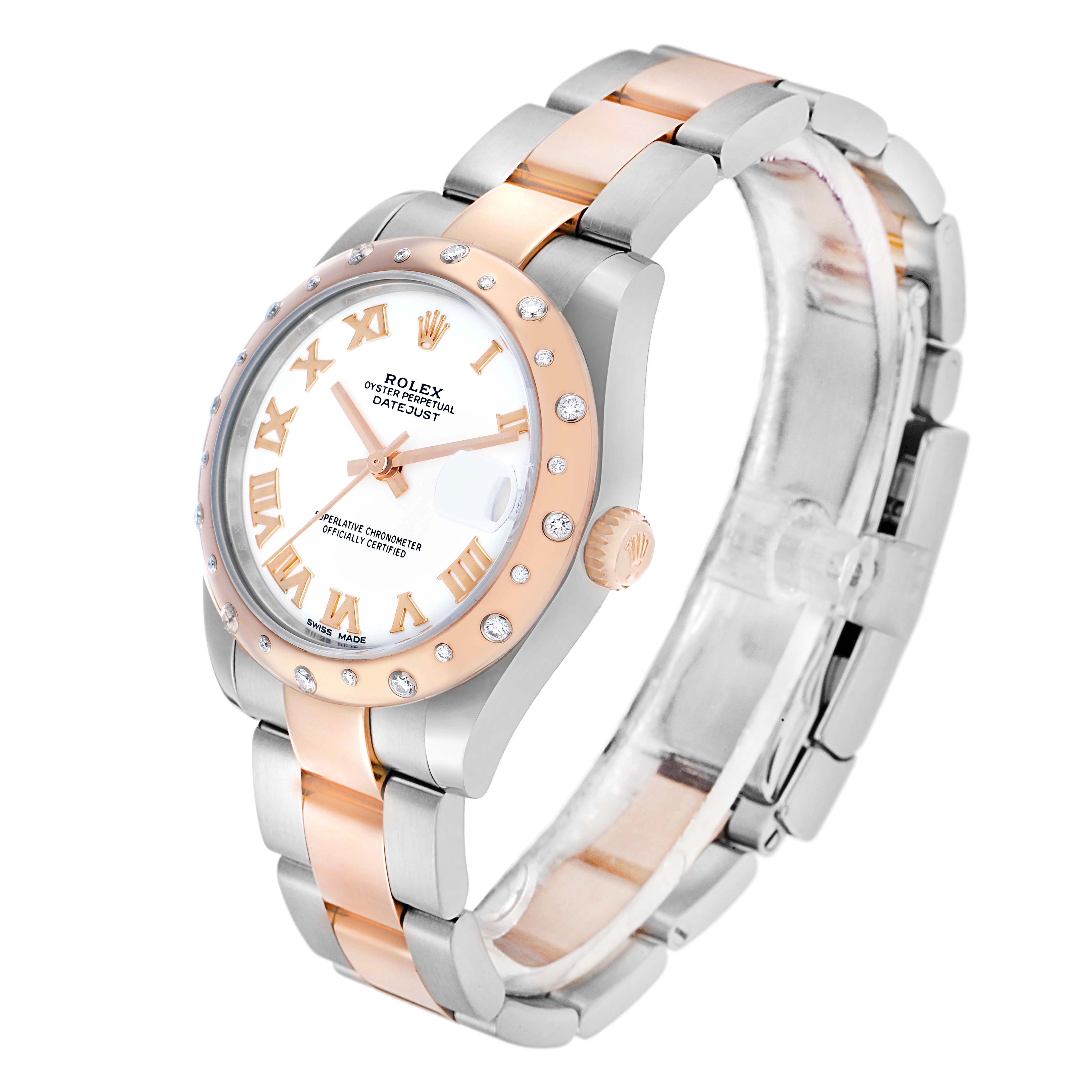 The Rolex Datejust Mid-Size watch is shown at a three-quarter angle, revealing the face, bezel, and bracelet.