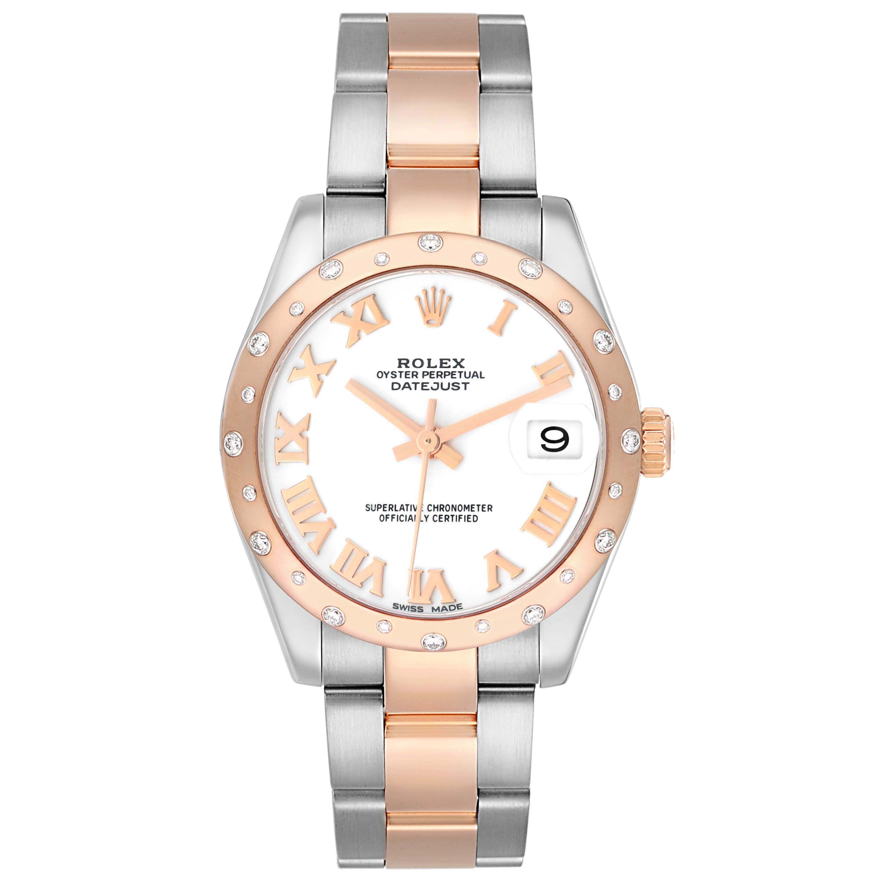 The Rolex Datejust Mid-Size watch is shown from a front angle, highlighting the dial, bezel, and bracelet.