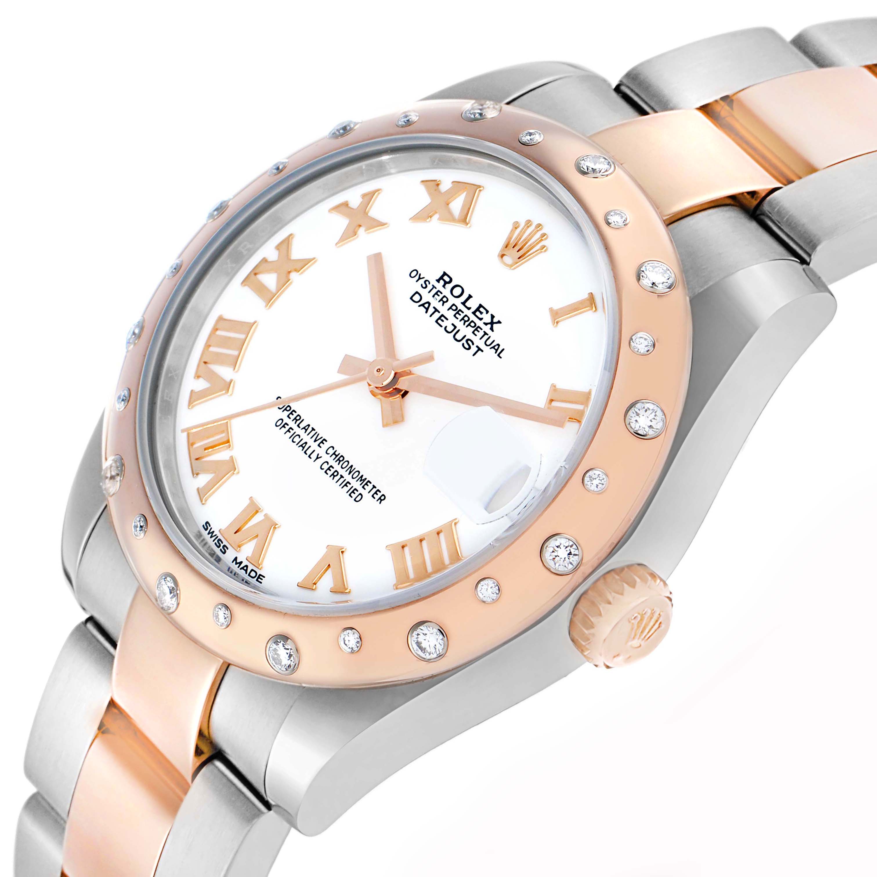 This image shows a Rolex Mid-Size 178341 Women's Steel and Gold (two tone) White Dial Datejust watch at a three-quarter angle highlighting the face, bezel, crown, and bracelet.