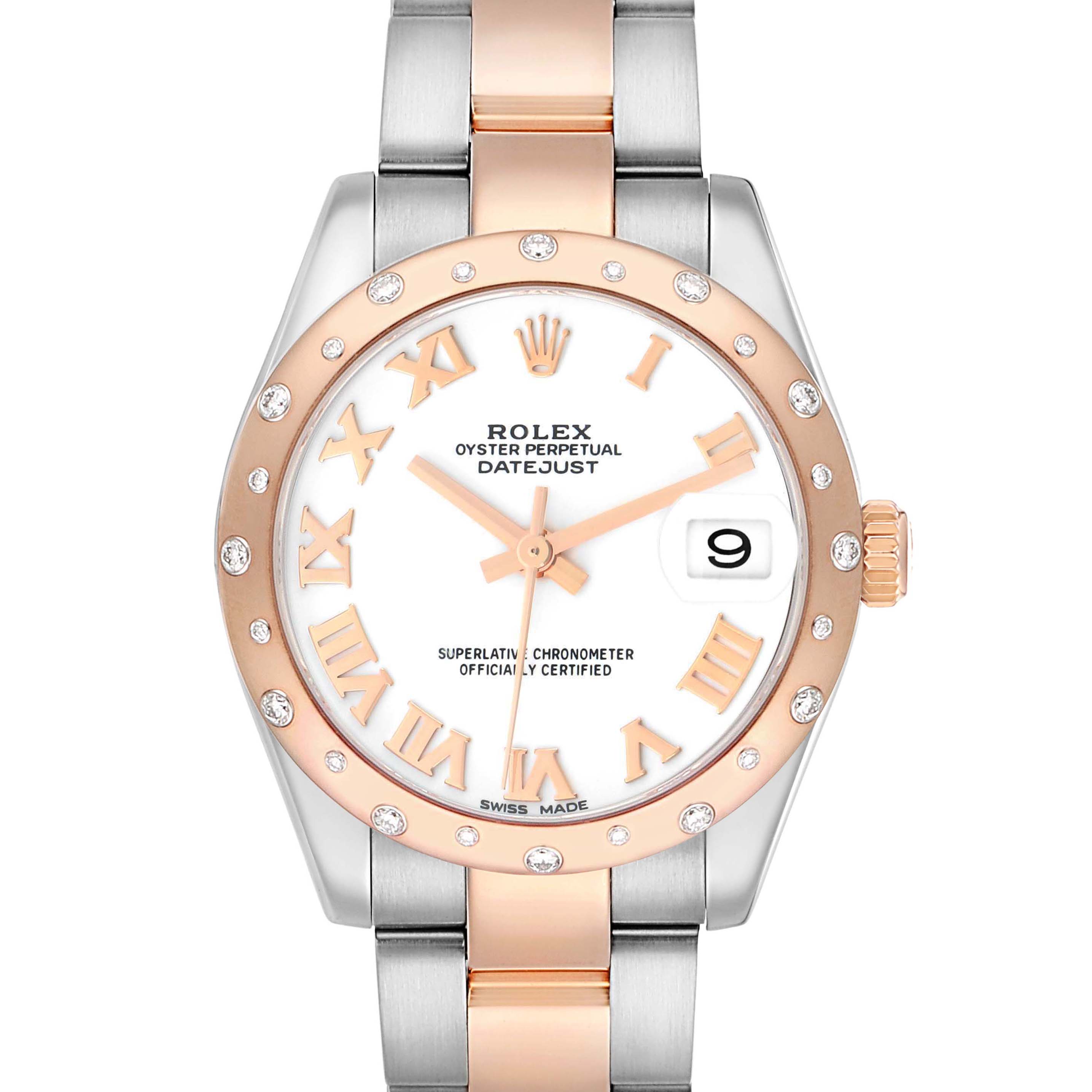 The Rolex Oyster Perpetual Datejust is shown from the front, featuring the dial, Roman numerals, and two-tone bracelet.