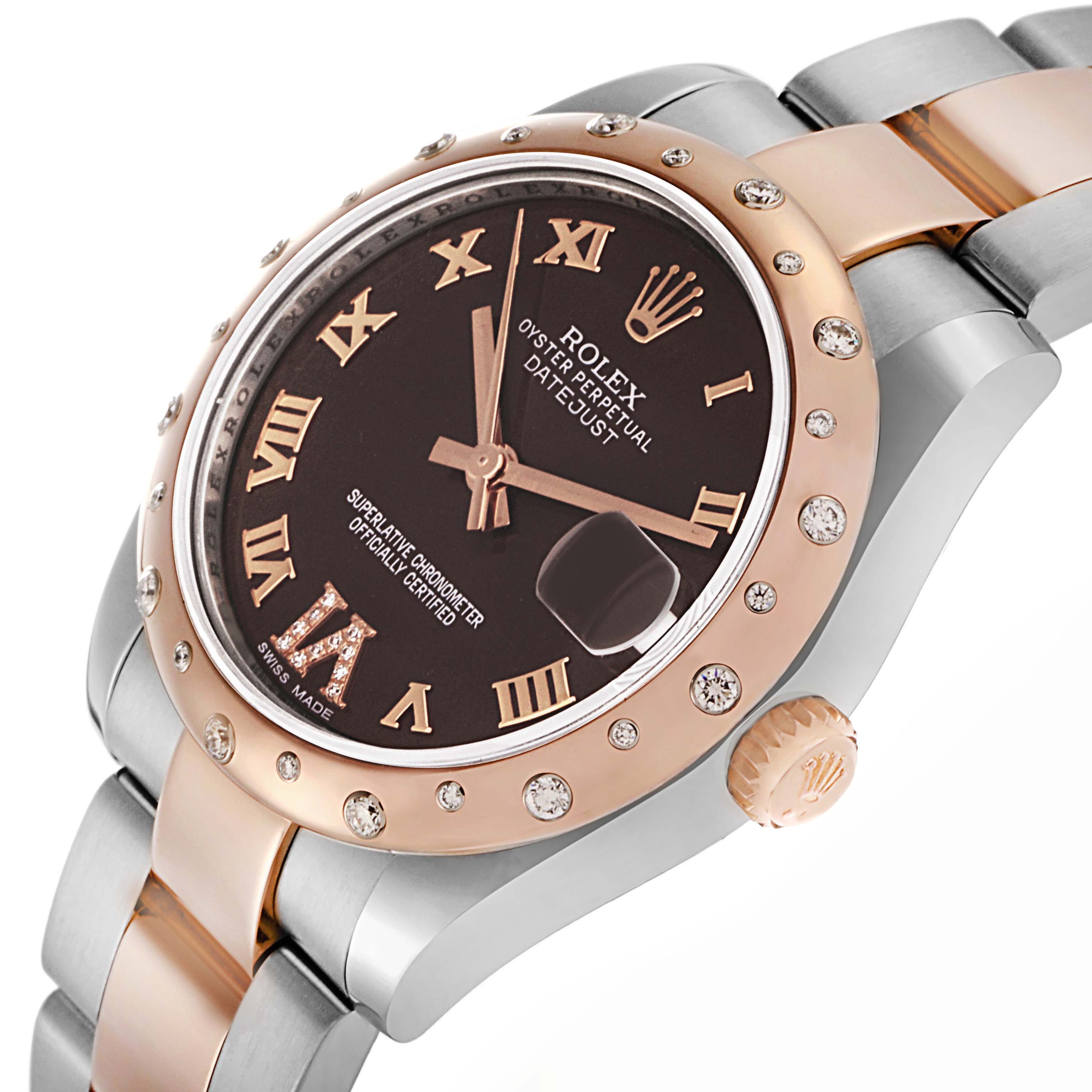 The Rolex Mid-Size 178341 Women
s Steel and Gold (two tone) Brown Dial watch is shown at an angle highlighting the face, bezel with diamonds, and part of the two-tone bracelet.