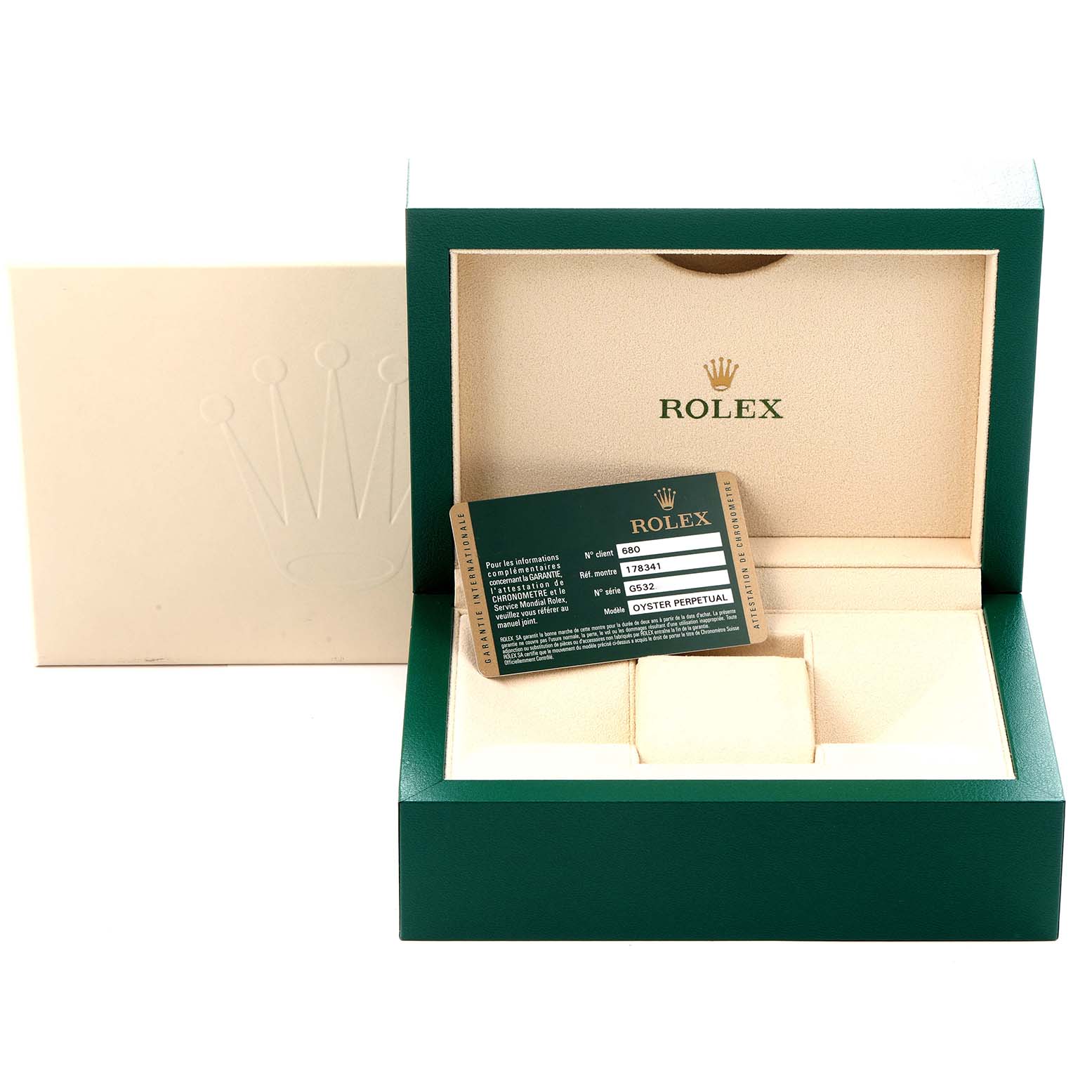 The image shows a Rolex Mid-Size 178341 Women
s Steel and Gold (two tone) Brown Dial model
s box with an Best Quality
ity card inside the open case.