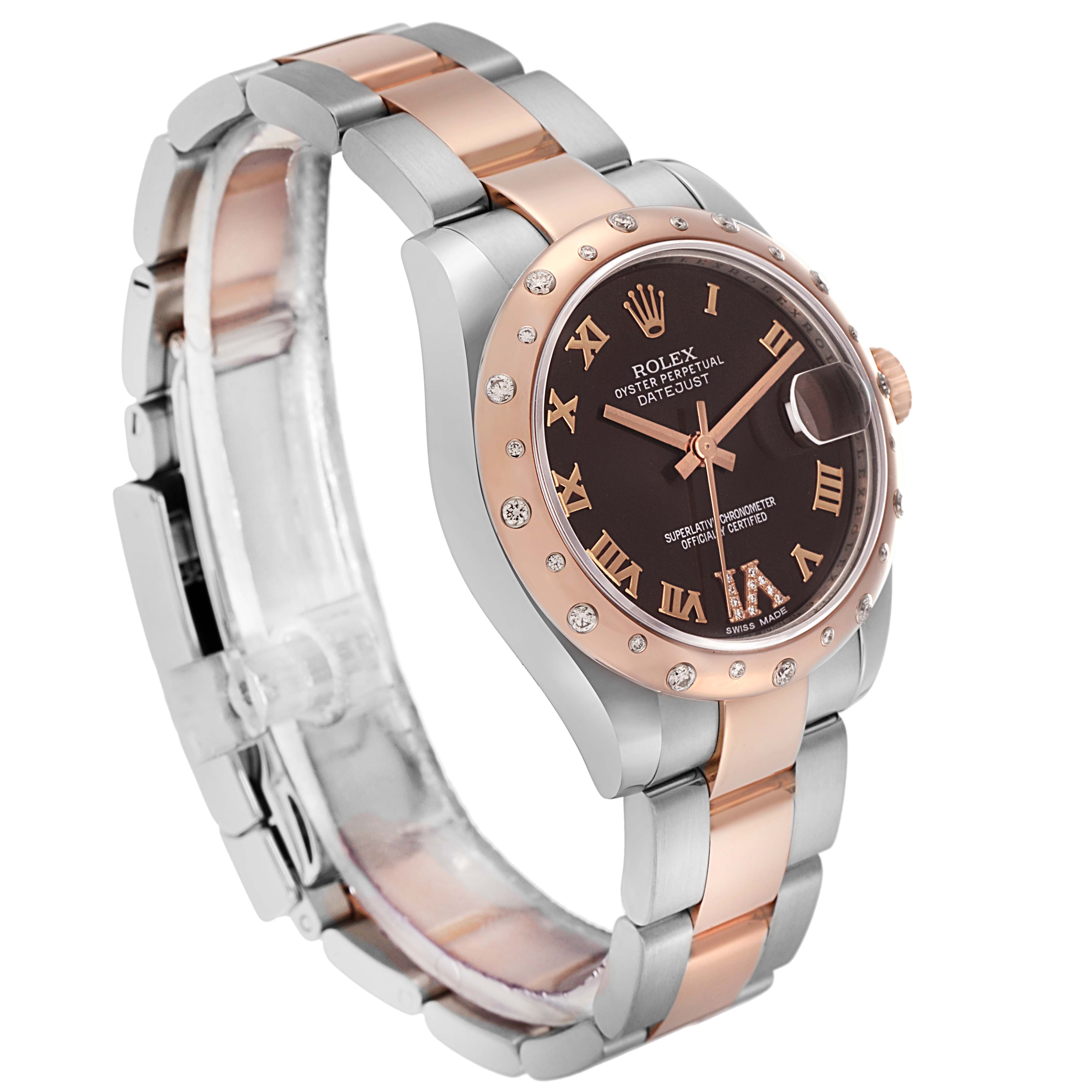 The Rolex Datejust Mid-Size watch is shown at a three-quarter angle displaying the dial, bezel, and part of the bracelet.