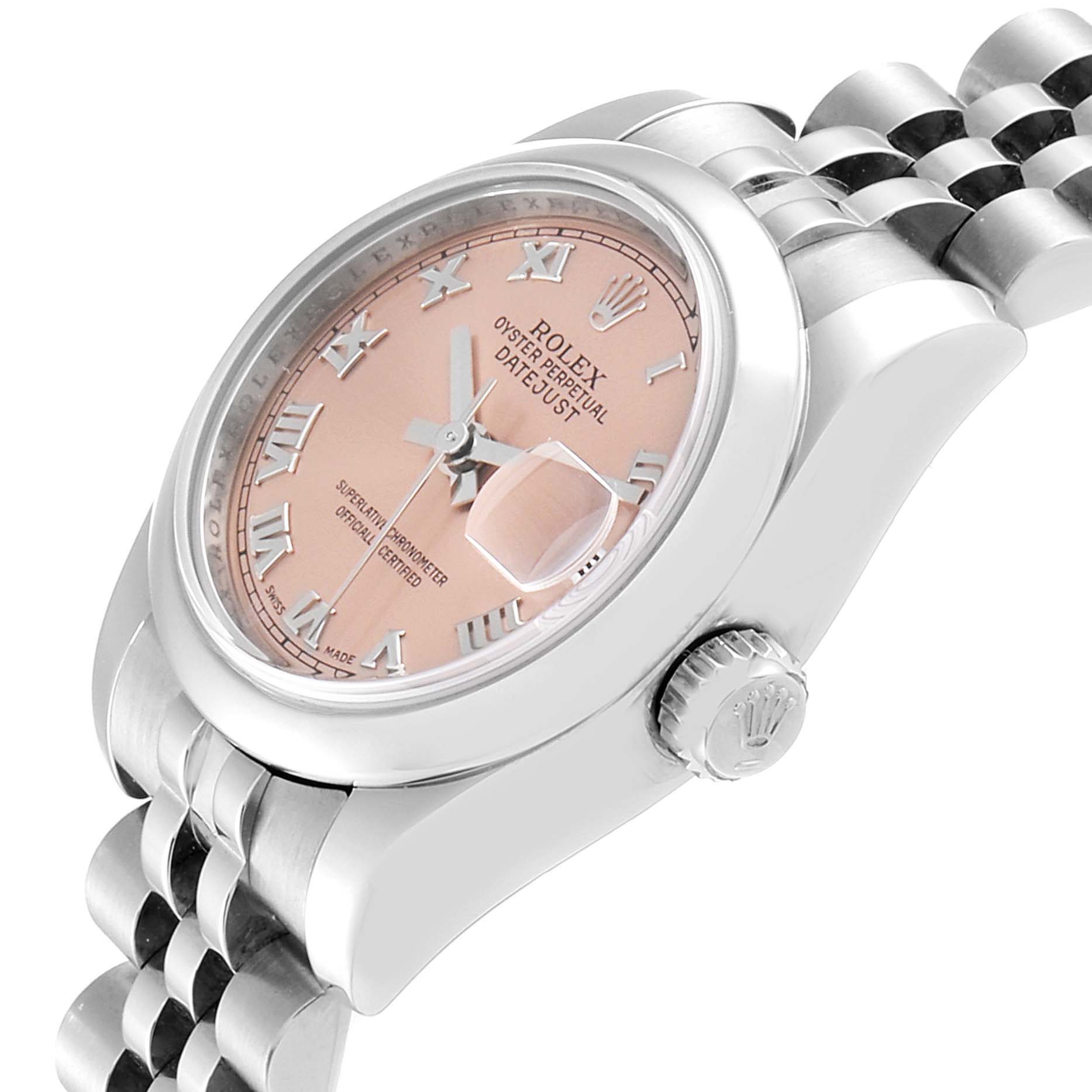This image shows a close-up side angle of a Rolex Datejust 179160 Women's Stainless Steel Pink Dial 179160 Women's Stainless Steel Pink Dial watch, focusing on the face, crown, and part of the bracelet.