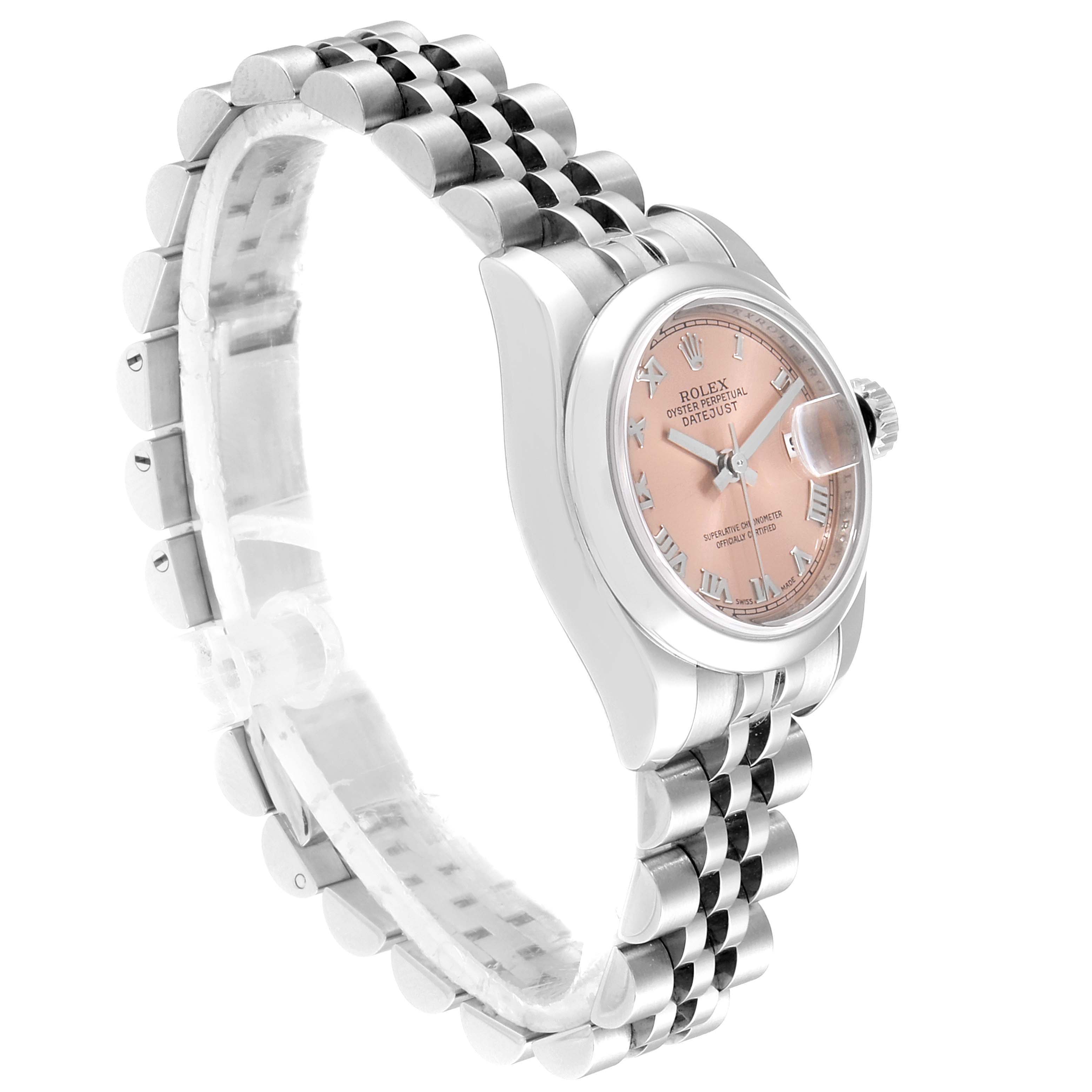 This image shows a side view of a Rolex Datejust 179160 Women's Stainless Steel Pink Dial 179160 Women's Stainless Steel Pink Dial watch, highlighting the dial, case, and bracelet.