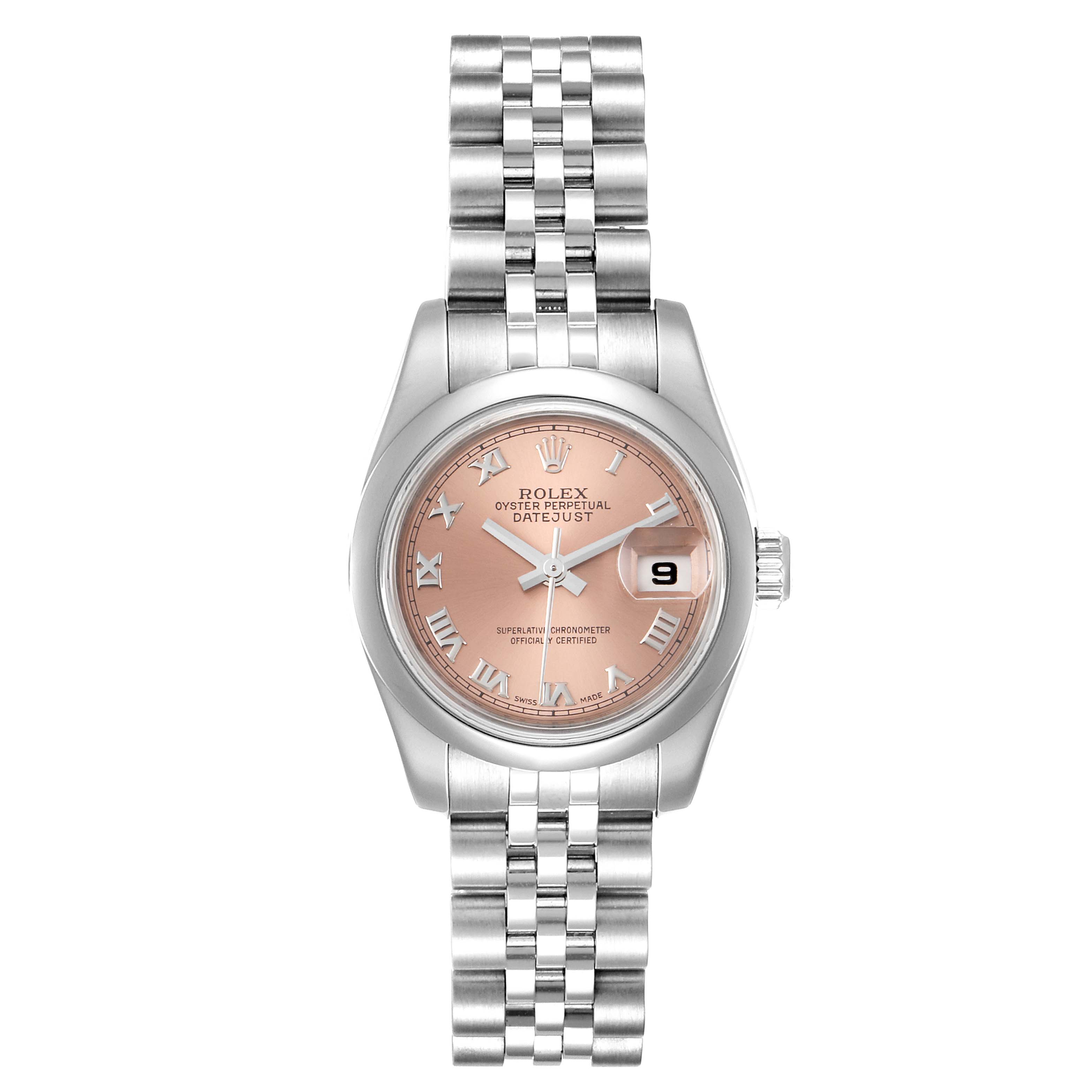 The Rolex Datejust 179160 Women's Stainless Steel Pink Dial 179160 Women's Stainless Steel Pink Dial watch is shown from a top-down angle, highlighting the face, bracelet, and date display.