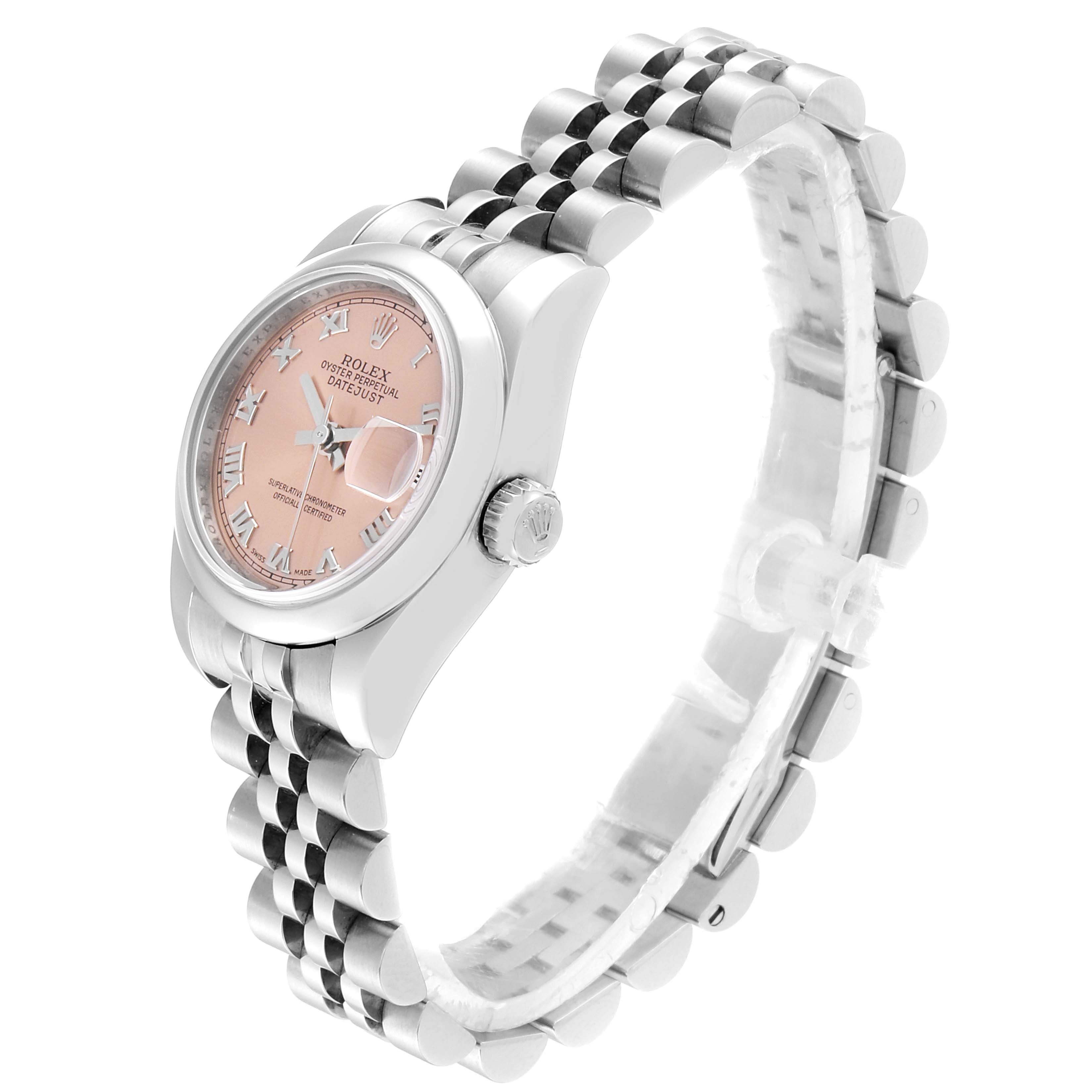 The image shows a side angle of a Rolex Datejust 179160 Women's Stainless Steel Pink Dial 179160 Women's Stainless Steel Pink Dial watch, highlighting its pink dial, jubilee bracelet, and crown.
