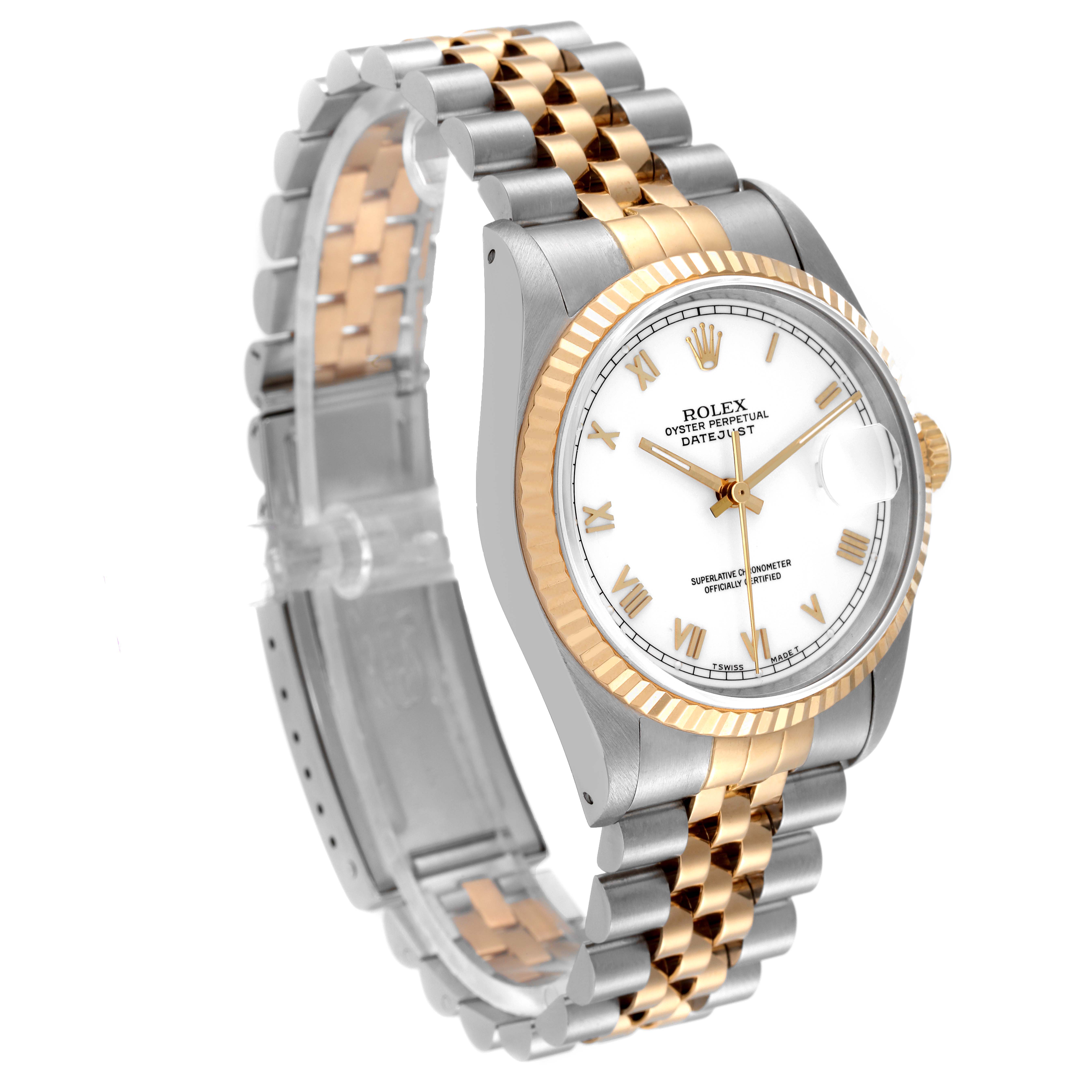 The image shows a Rolex Datejust 16233 Men's Stainless Steel White Dial 16233 Men's Stainless Steel White Dial watch at an angle highlighting its face, bezel, and two-tone jubilee bracelet.