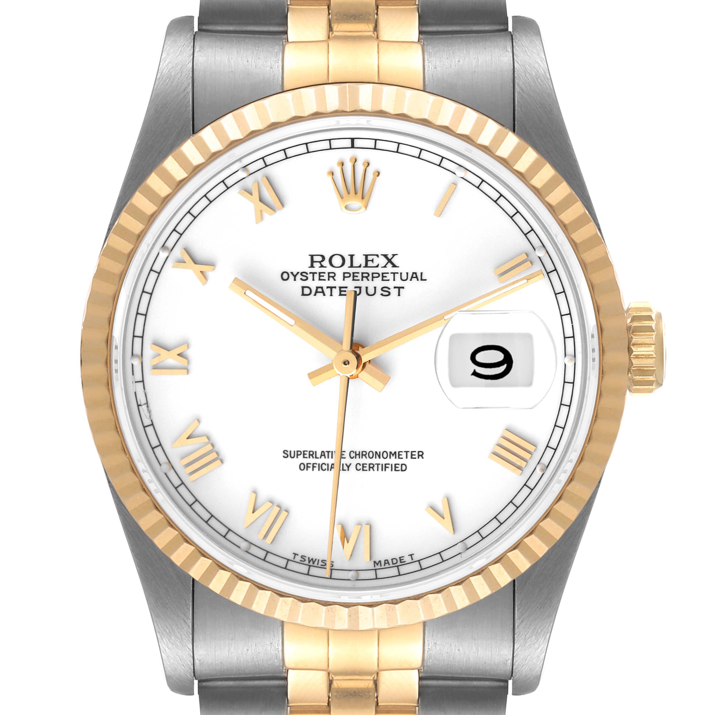 The image shows a front view of a Rolex Datejust 16233 Men's Stainless Steel White Dial 16233 Men's Stainless Steel White Dial watch, featuring a two-tone metal bracelet and a white dial with Roman numerals.