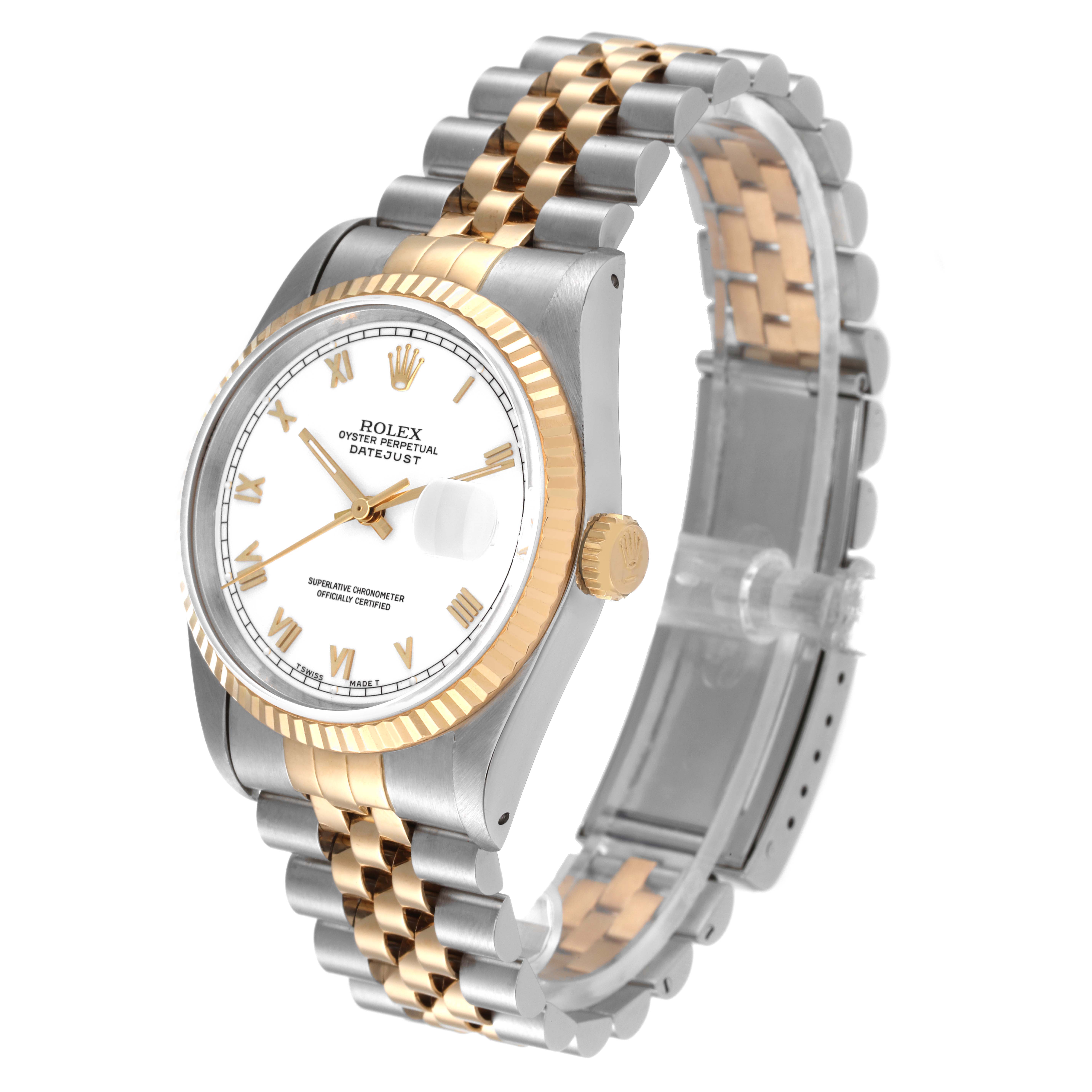 The Rolex Datejust 16233 Men's Stainless Steel White Dial 16233 Men's Stainless Steel White Dial watch is shown at a slight angle, displaying its dial, crown, and two-tone bracelet.