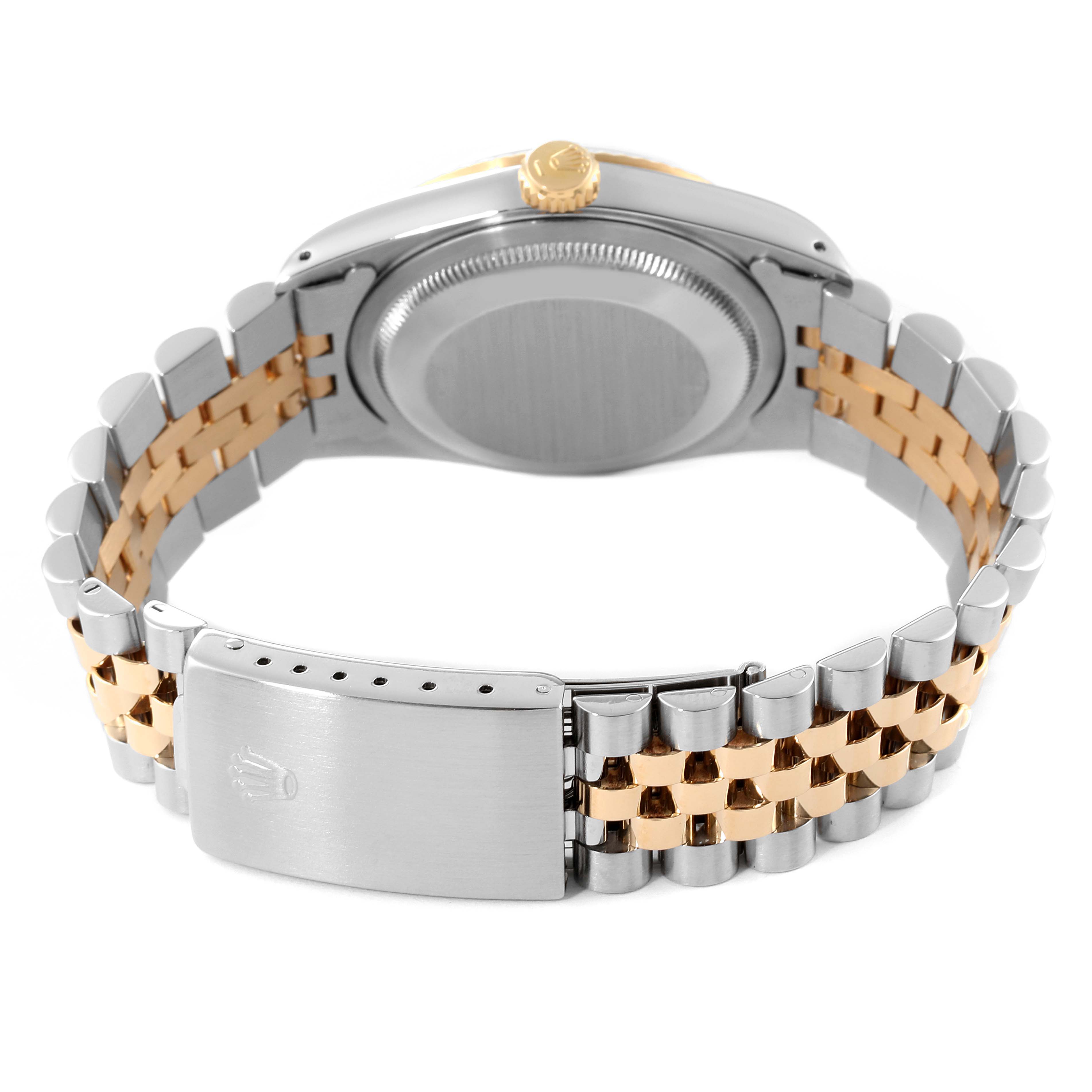 This image shows the back view of a Rolex Datejust 16233 Men's Stainless Steel White Dial 16233 Men's Stainless Steel White Dial watch, highlighting its two-tone bracelet and the clasp.