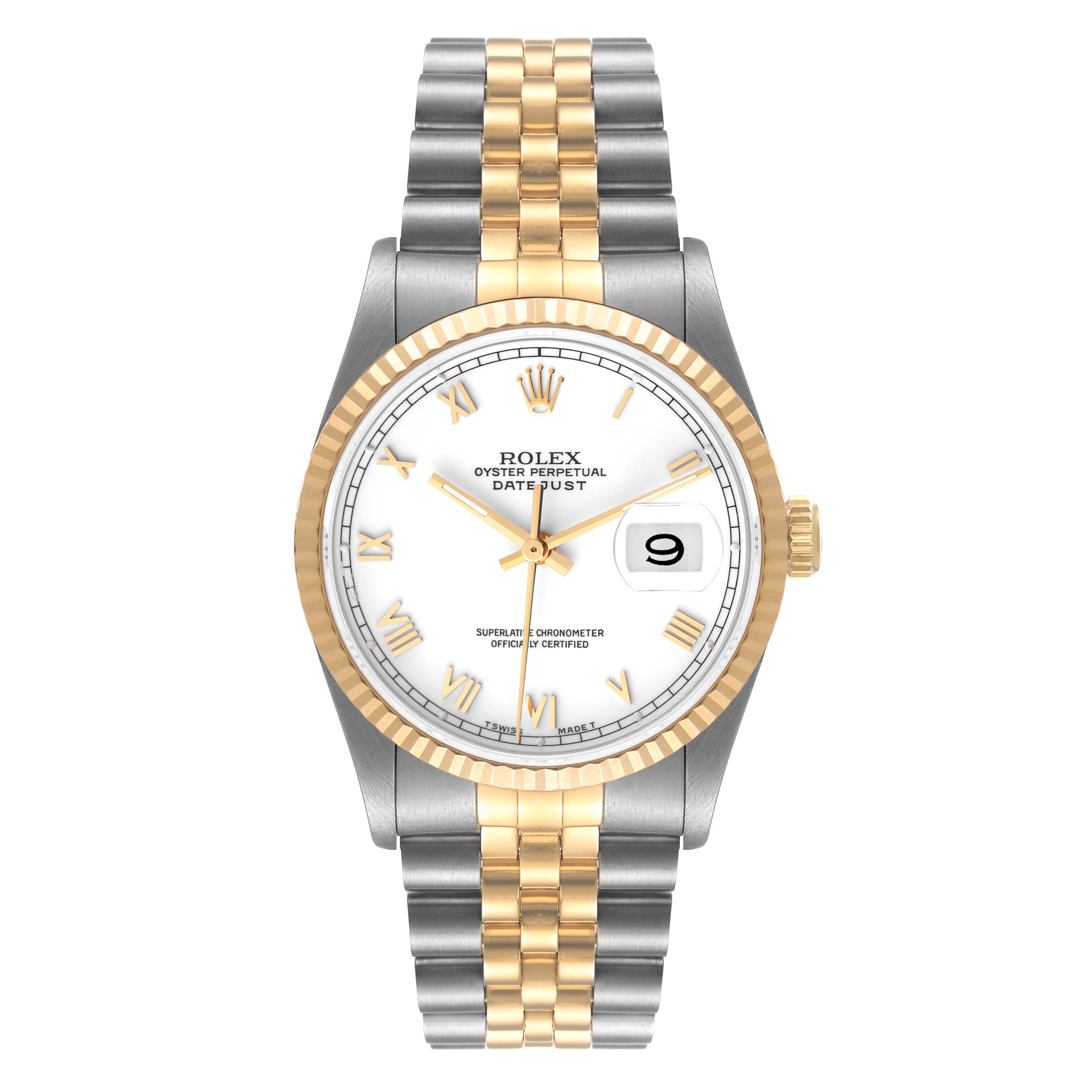 This image shows a Rolex Datejust 16233 Men's Stainless Steel White Dial 16233 Men's Stainless Steel White Dial watch from a top-down angle, displaying the face, bezel, and bracelet.
